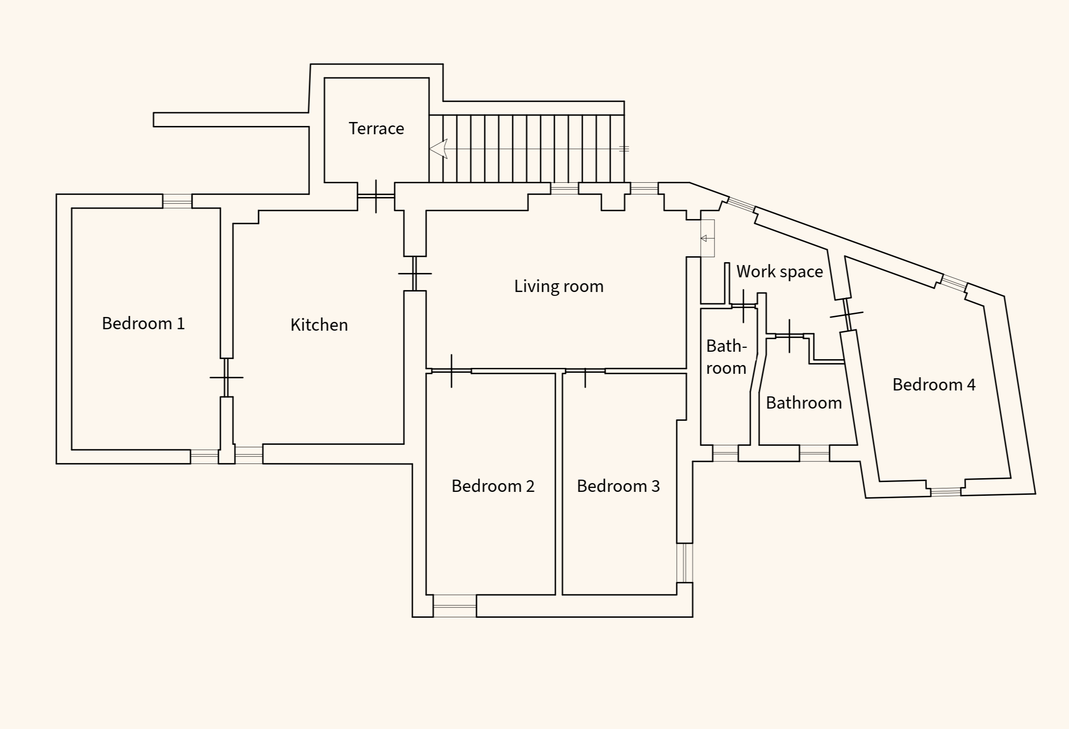Floor plan layout of a house showing rooms labeled Bedroom 1, Bedroom 2, Bedroom 3, Bedroom 4, Kitchen, Living room, Bathroom, Work space, and Terrace.