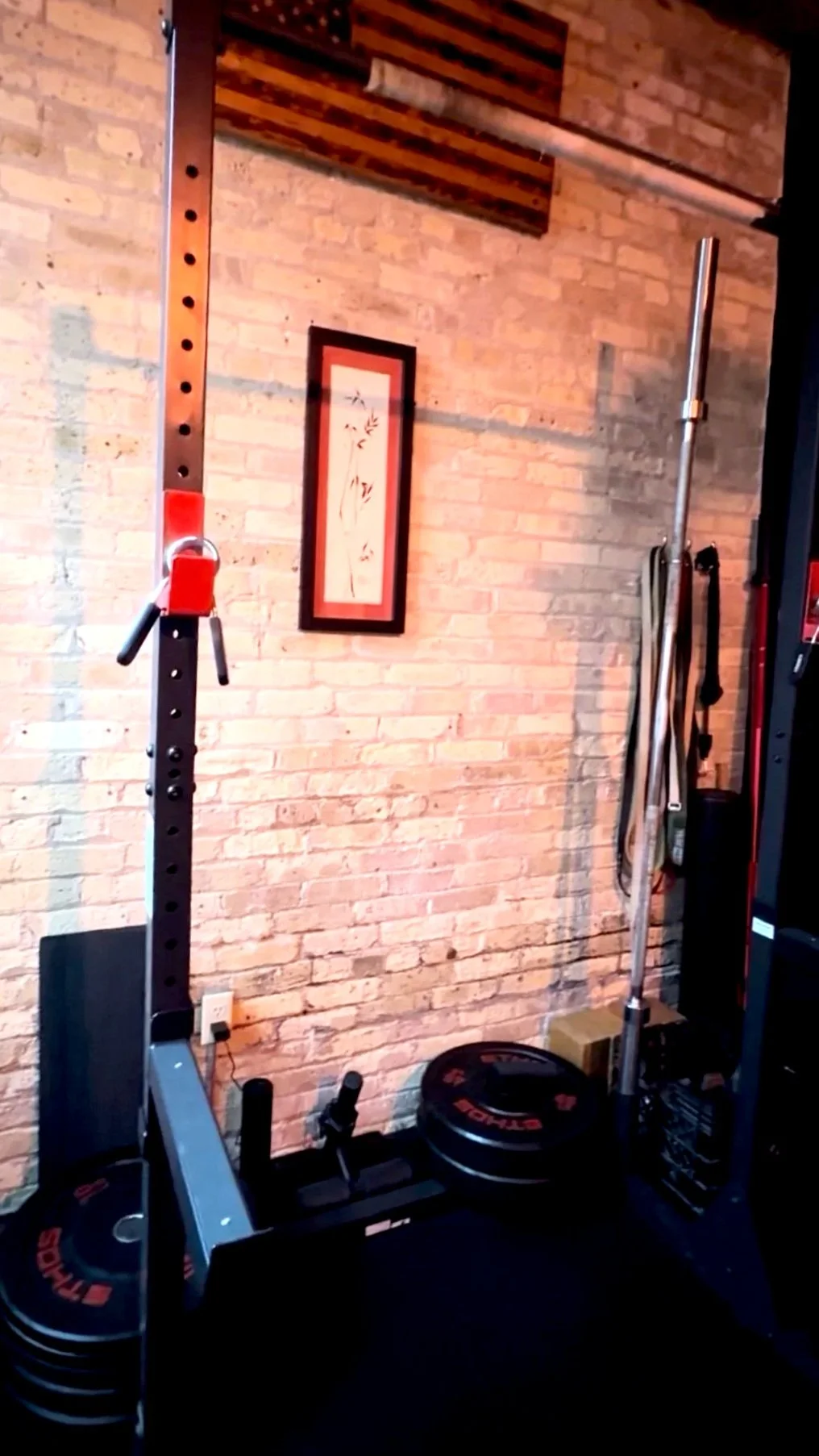 A home gym with a steel squat rack, weights, a barbell, and resistance bands against a brick wall with a framed Asian-style artwork.