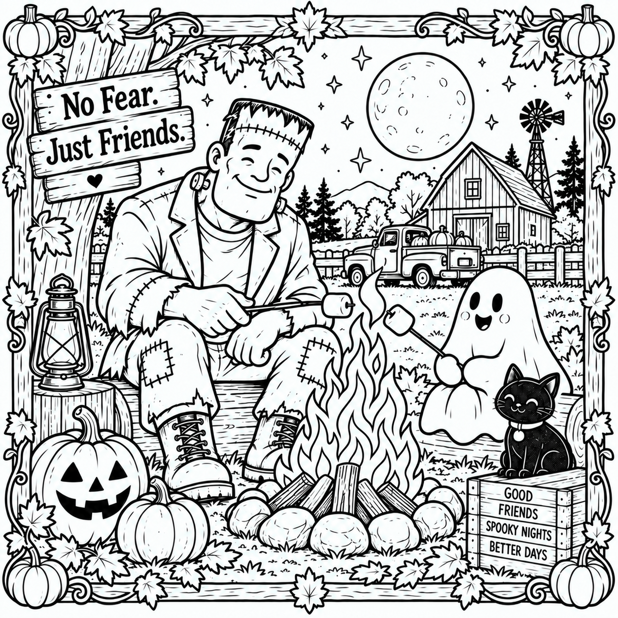 Happy Haunts coloring page featuring characters roasting marshmallows around a campfire with Frank, a ghost, and black cat.