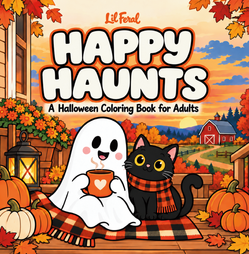 40 charming Halloween illustrations featuring friendly ghosts, curious cats, and cozy fall mischief.
