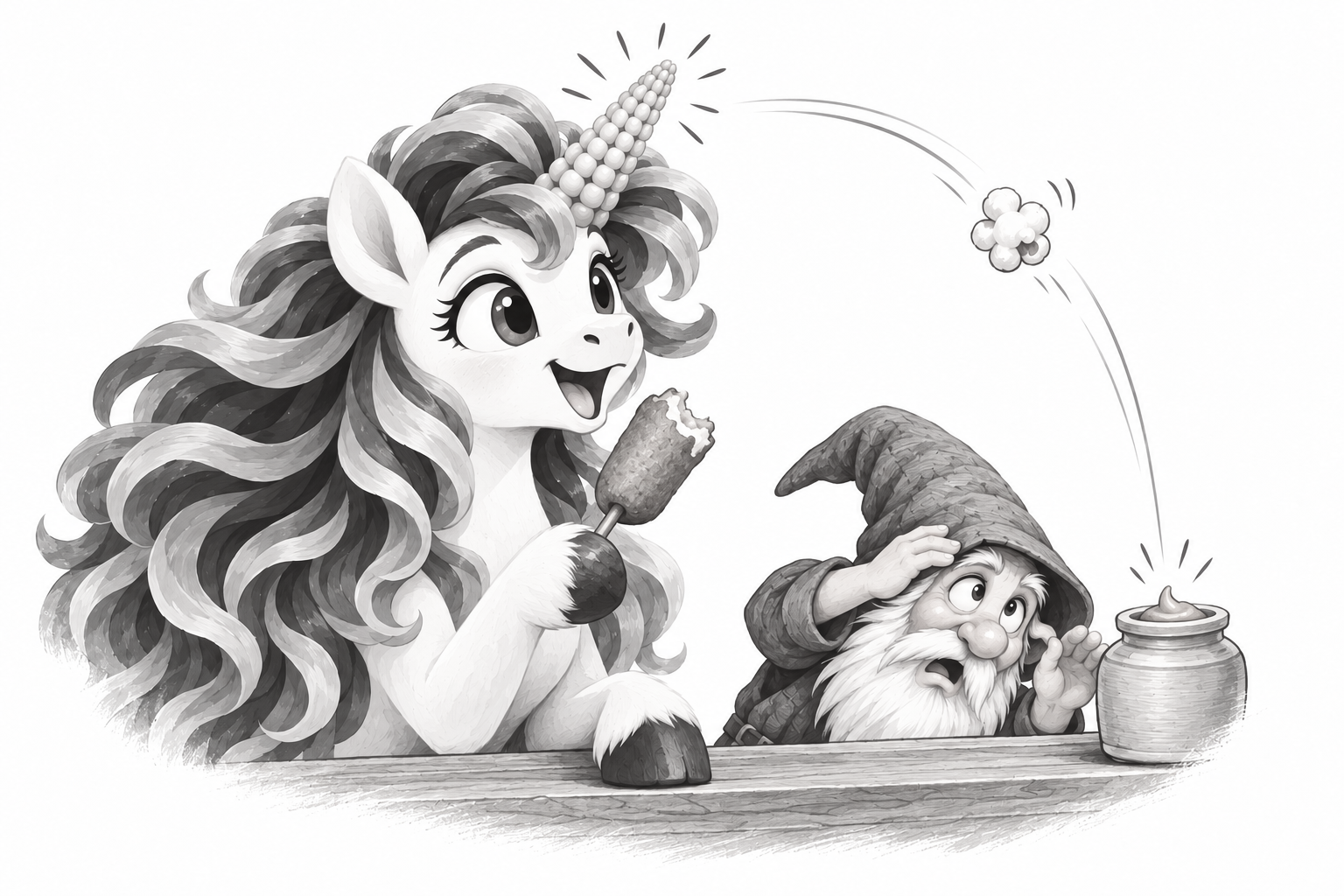 CC holds a corn dog as a piece of popcorn flies toward a startled gnome beside a steaming mug.