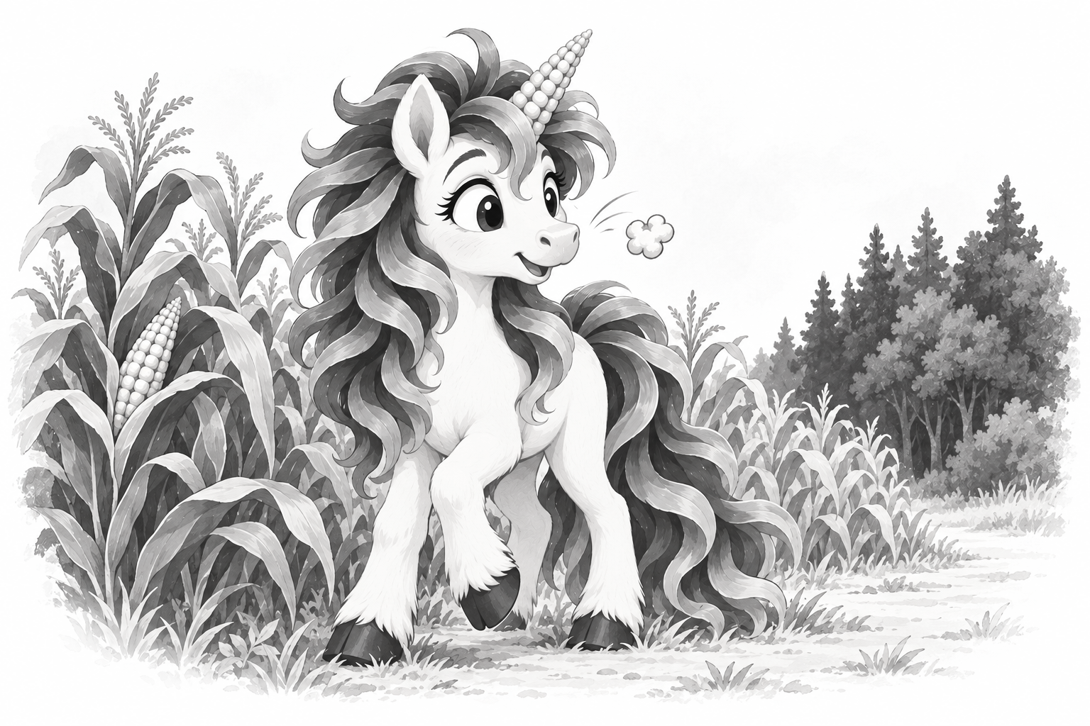 CC stands beside tall corn plants, watching a small puff of popcorn float near her corn-shaped horn.