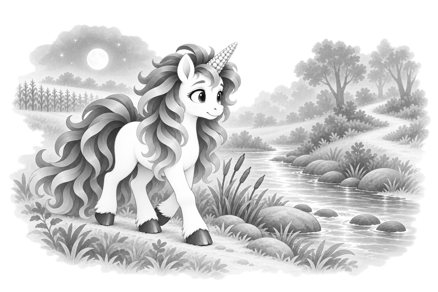 CC walks beside a winding woodland stream, with stepping stones, rolling hills, and trees in the distance.