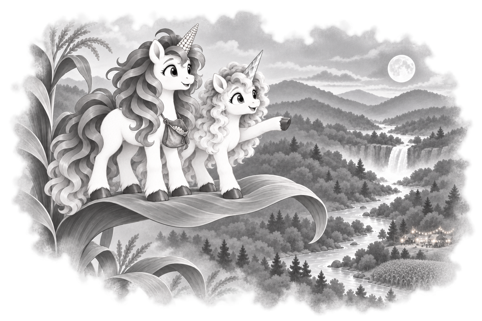 CC and Chilly stand together on a rocky overlook above a misty forest valley beneath the moon.