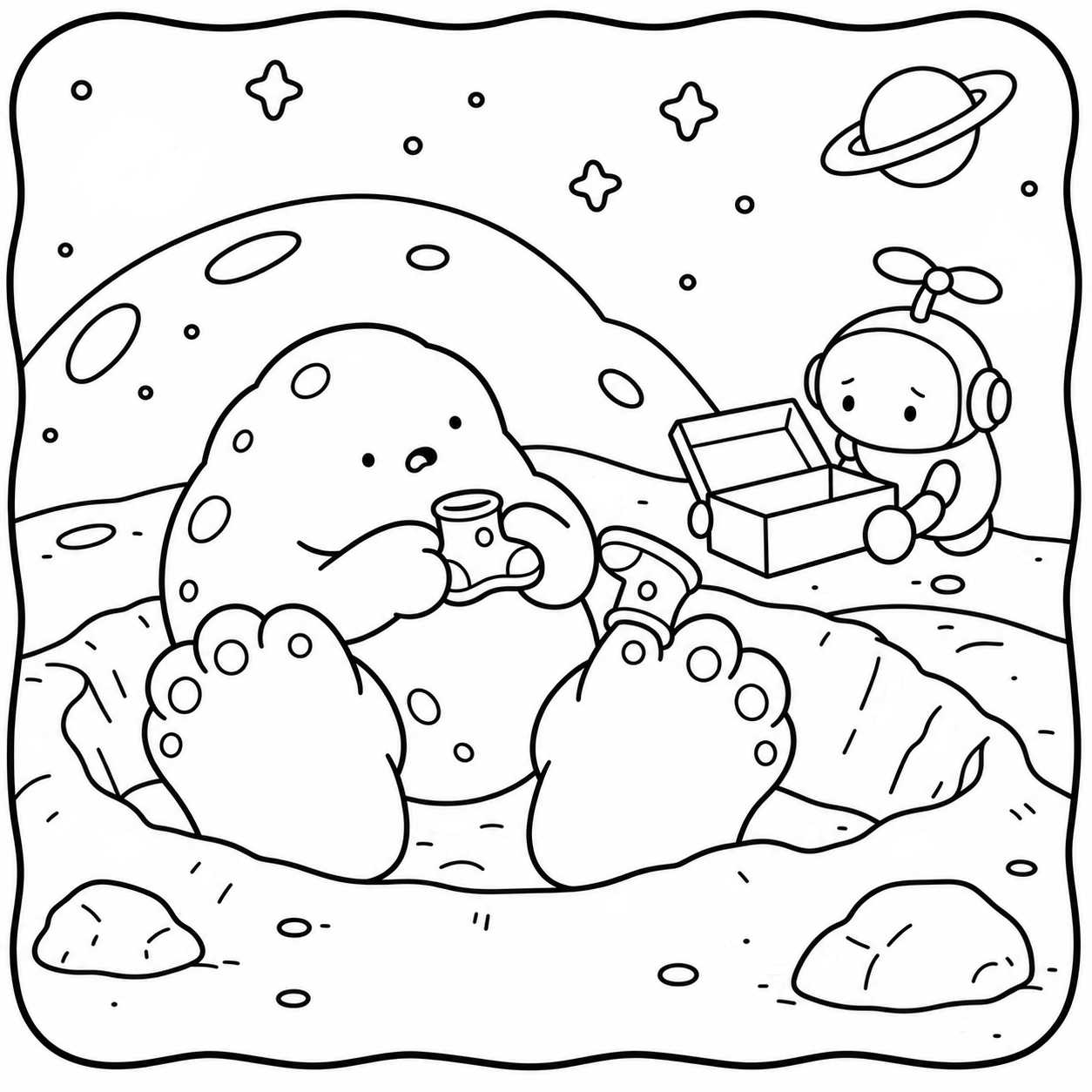 Space Cuties coloring page featuring a spotted alien holding a mug beside a small robot with an open box.