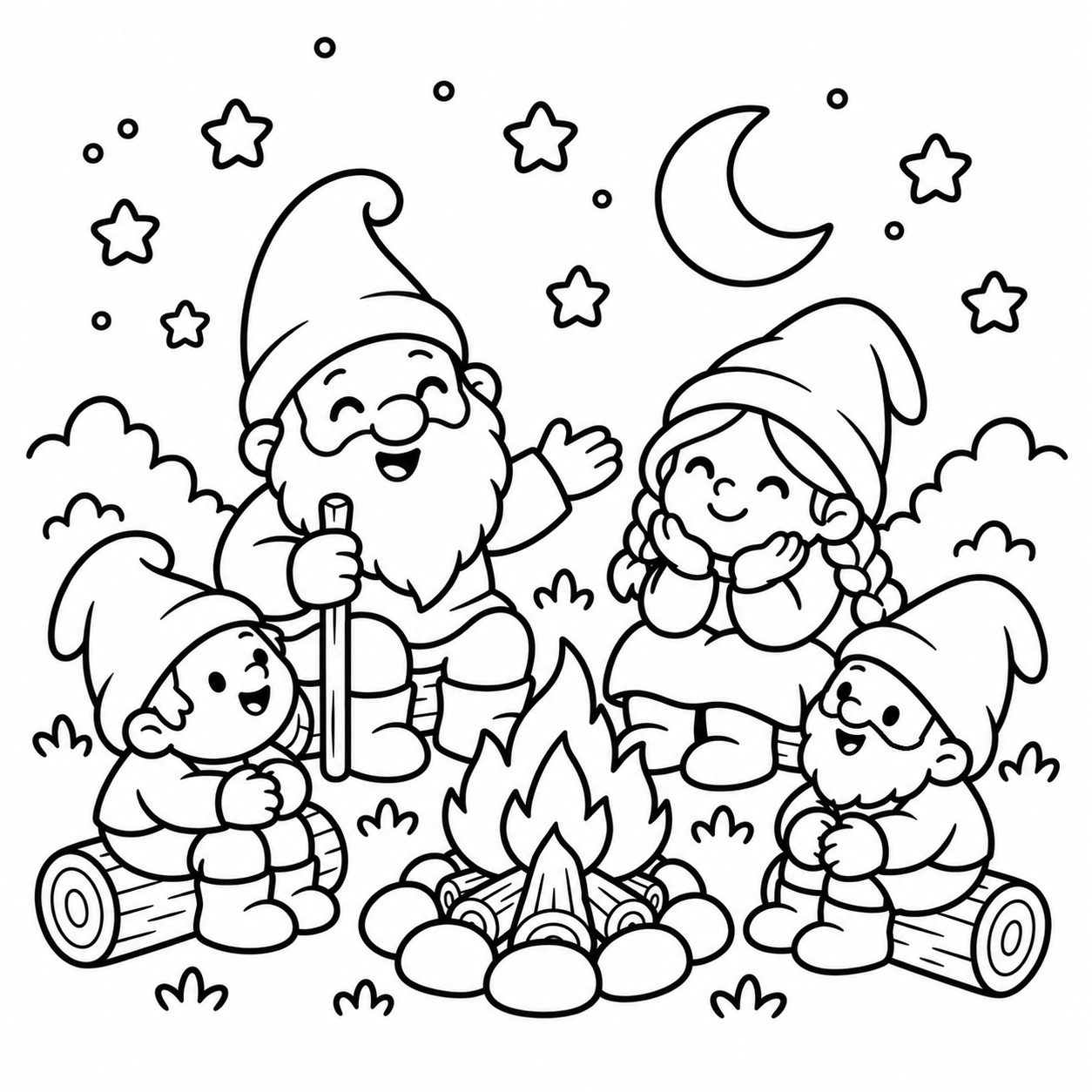 Four gnomes gathered around a campfire beneath a starry sky. Magical Forest coloring page.