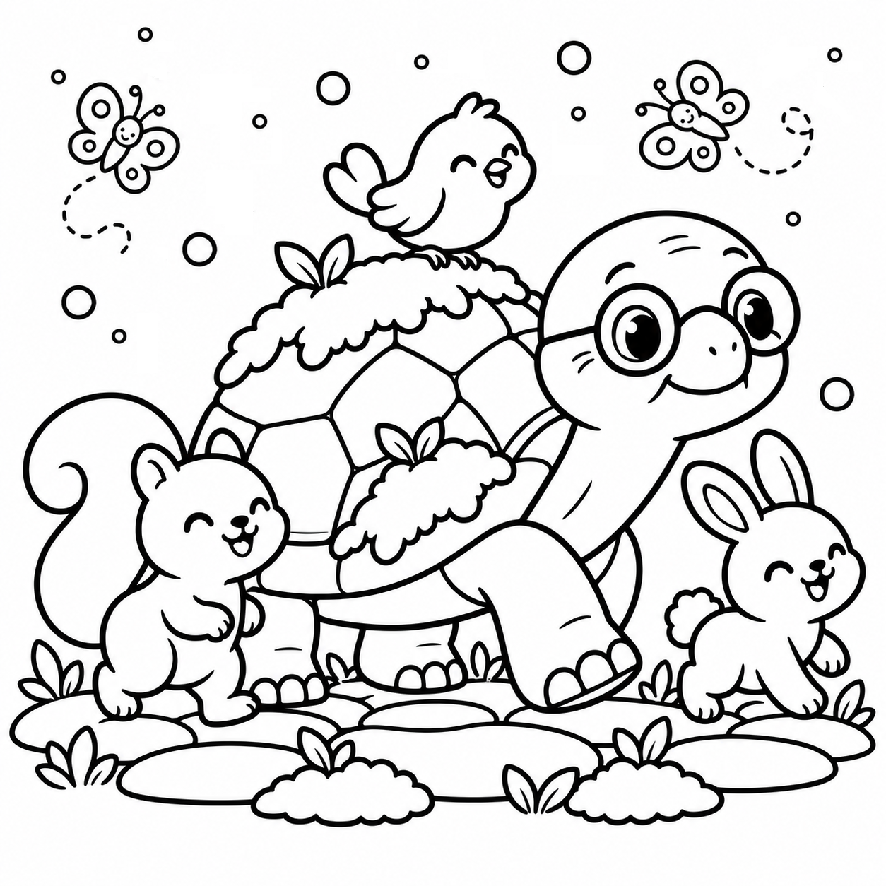Magical Forest coloring page featuring woodland animals gathered around an open book.