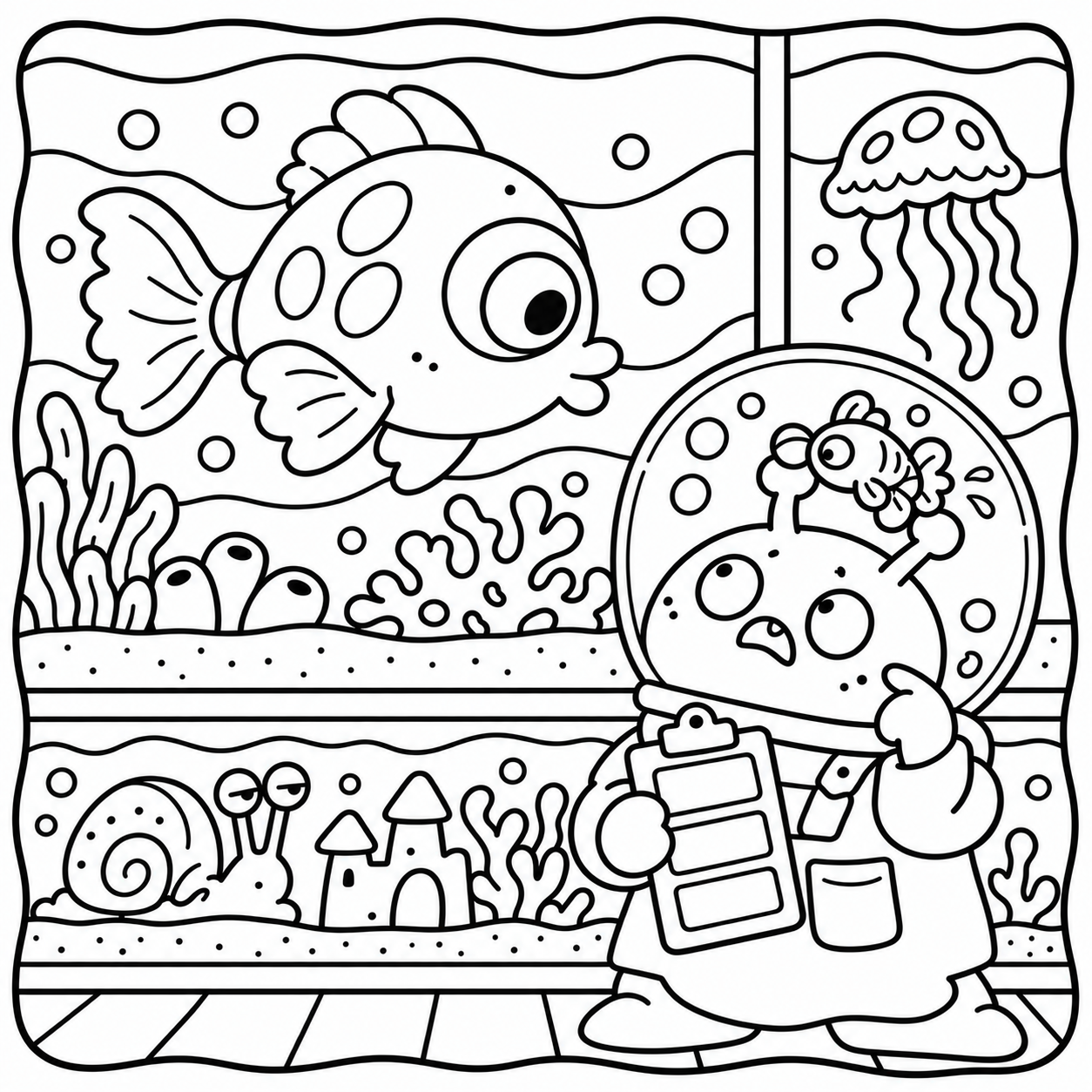 Space Cuties coloring page featuring a small character watching fish through an aquarium window.