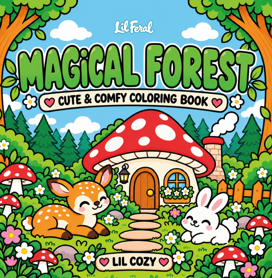 45 bold, easy-to-color scenes filled with woodland friends, tiny dragons, and mushroom-cottage charm.
