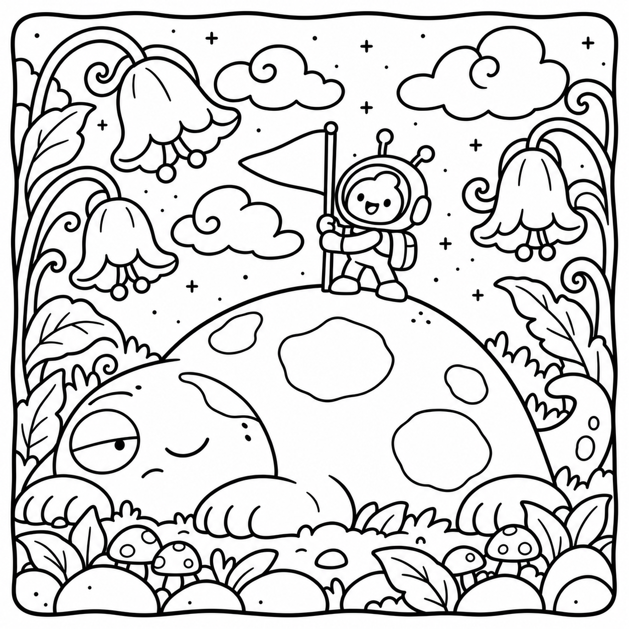 A tiny explorer plants a flag while standing on a huge sleeping moon creature surrounded by alien plants. Space Cuties coloring page.