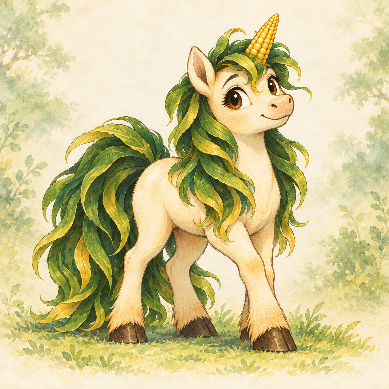 CC, a golden unicorn with a corn-shaped horn and flowing green mane and tail, standing in a sunlit woodland.