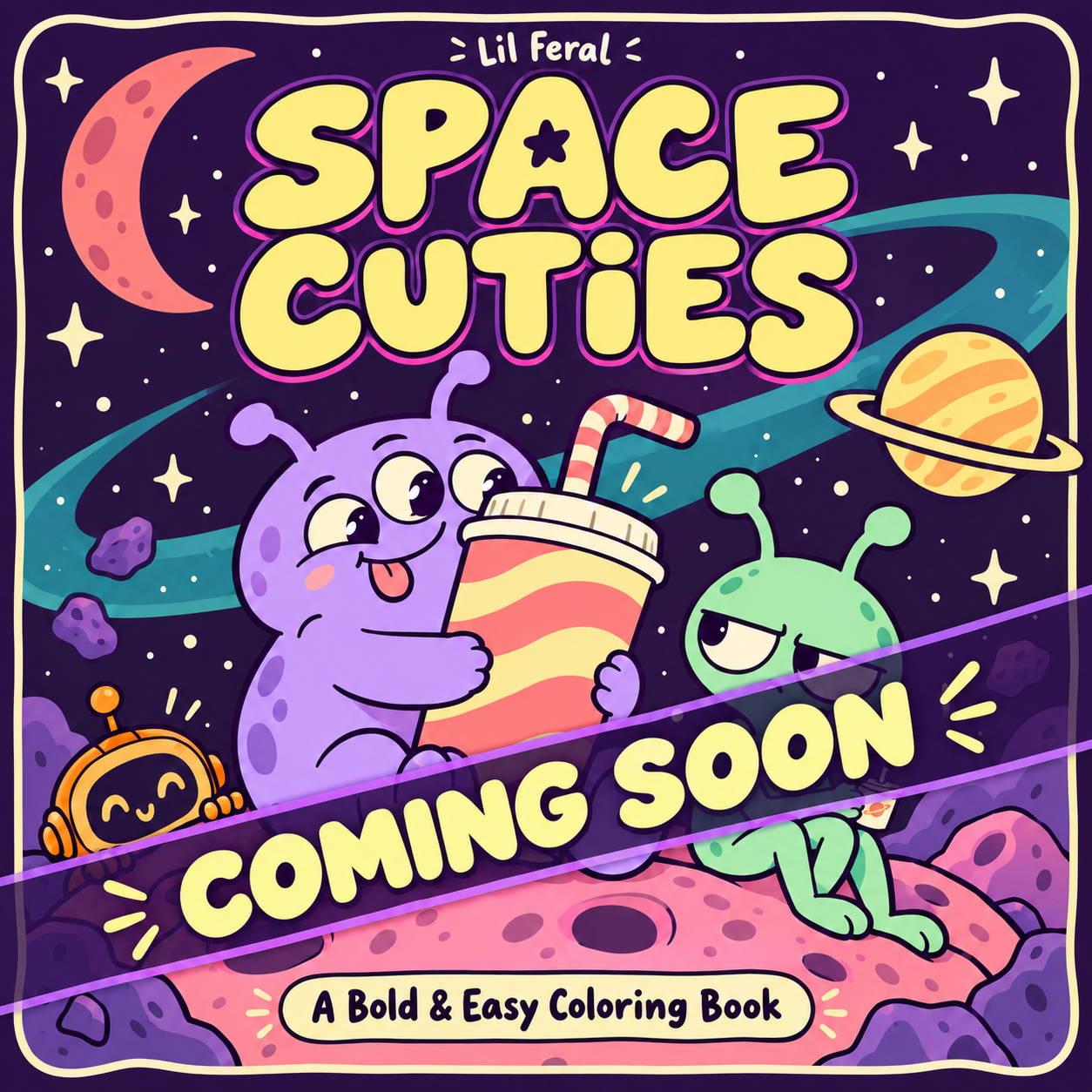Blast off into the wonderfully weird world of Space Cuties—45 bold, easy-to-color scenes filled with quirky aliens, lovable robots, and cosmic mischief.