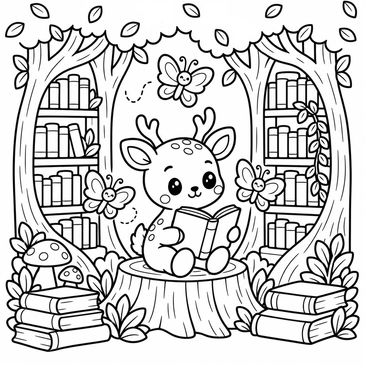 Magical Forest coloring page featuring a woodland character reading among tree-trunk bookshelves.