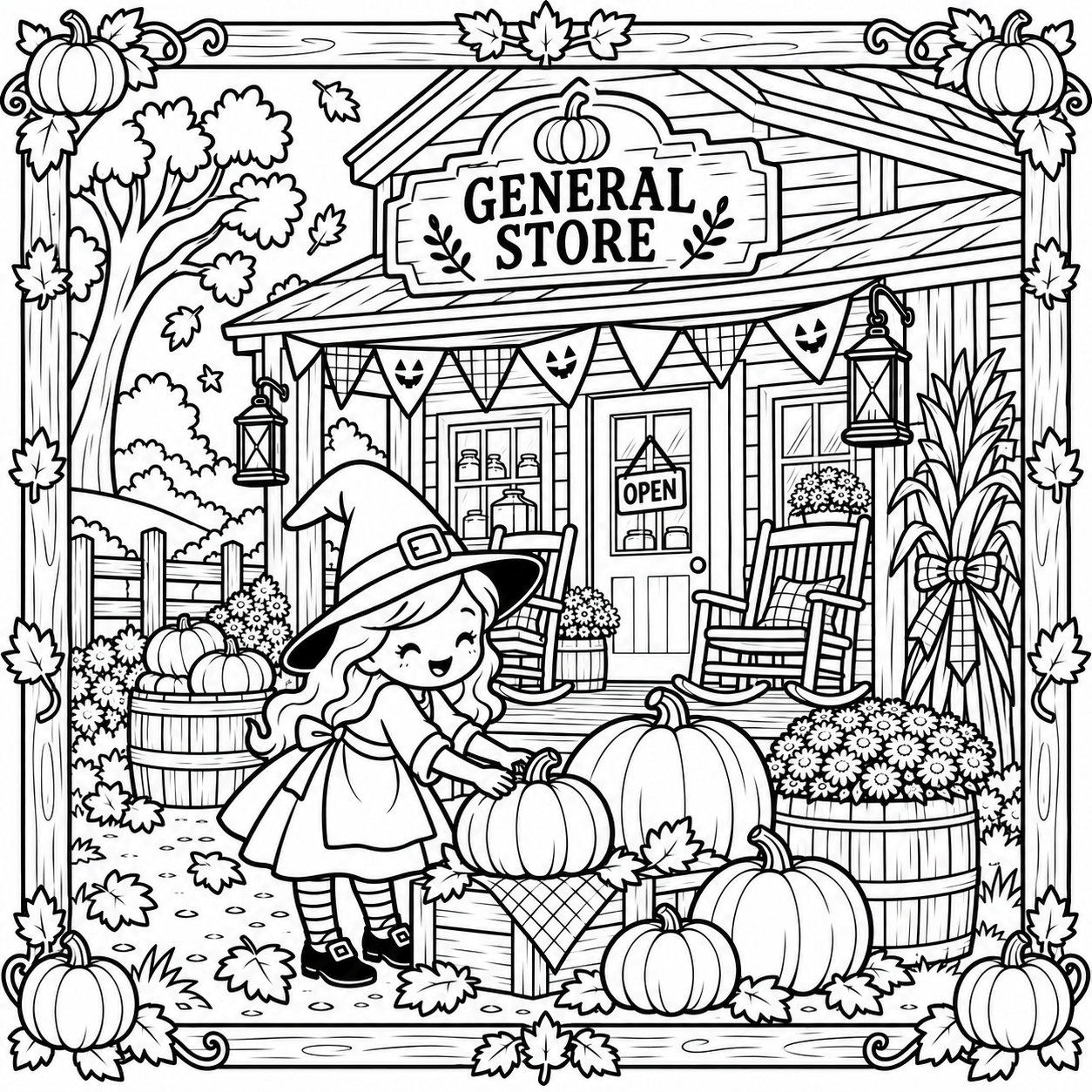 A little witch choosing pumpkins outside a general store decorated for autumn. Happy Haunts coloring page.