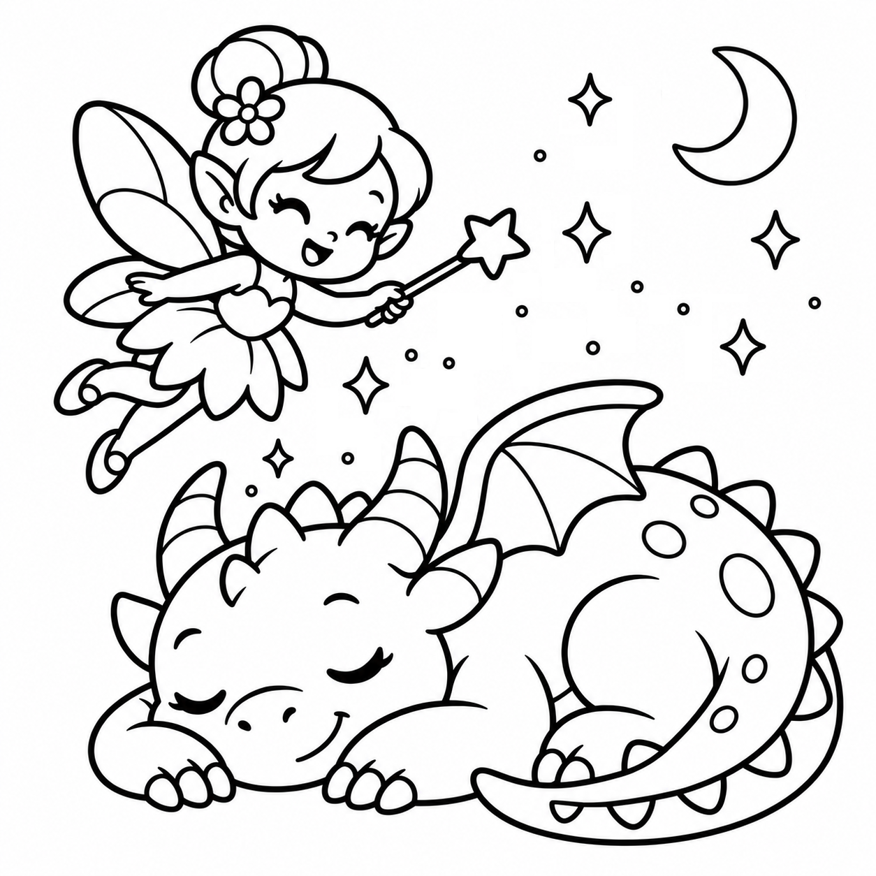 A fairy waving a star wand above a sleeping baby dragon beneath the moon. Magical Forest coloring page.