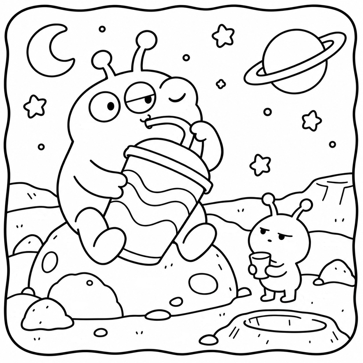 A three-eyed alien sips a giant drink while a smaller alien holds a tiny cup nearby. Space Cuties coloring page.