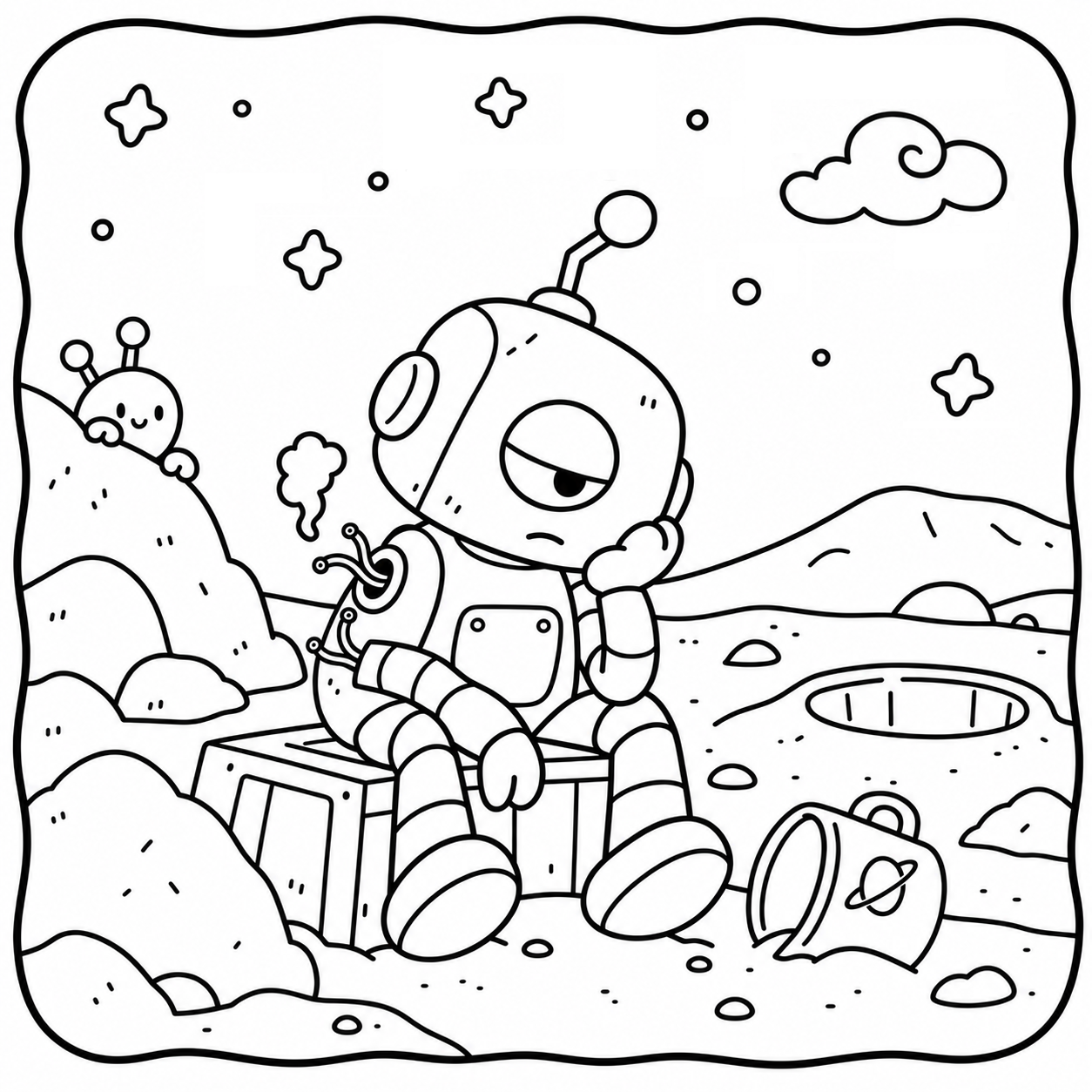 Space Cuties coloring page featuring a tired robot sitting on a crate while a tiny alien peeks from behind a rock.