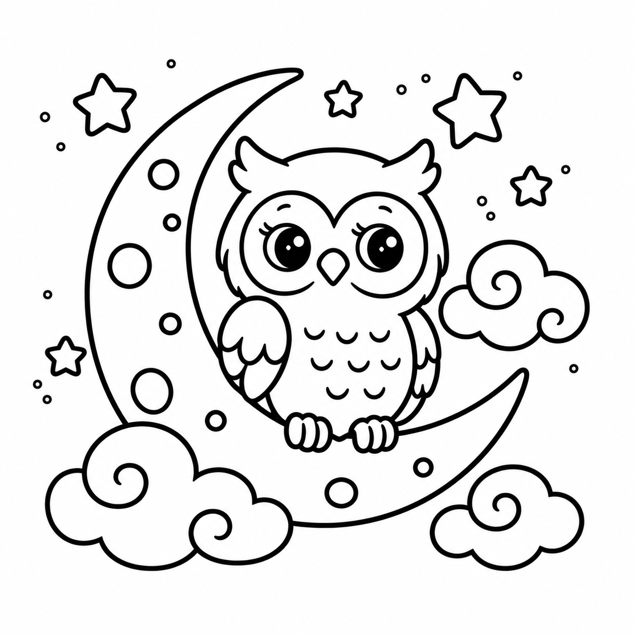 A wide-eyed owl perched on a crescent moon among clouds and stars. Magical Forest coloring page.