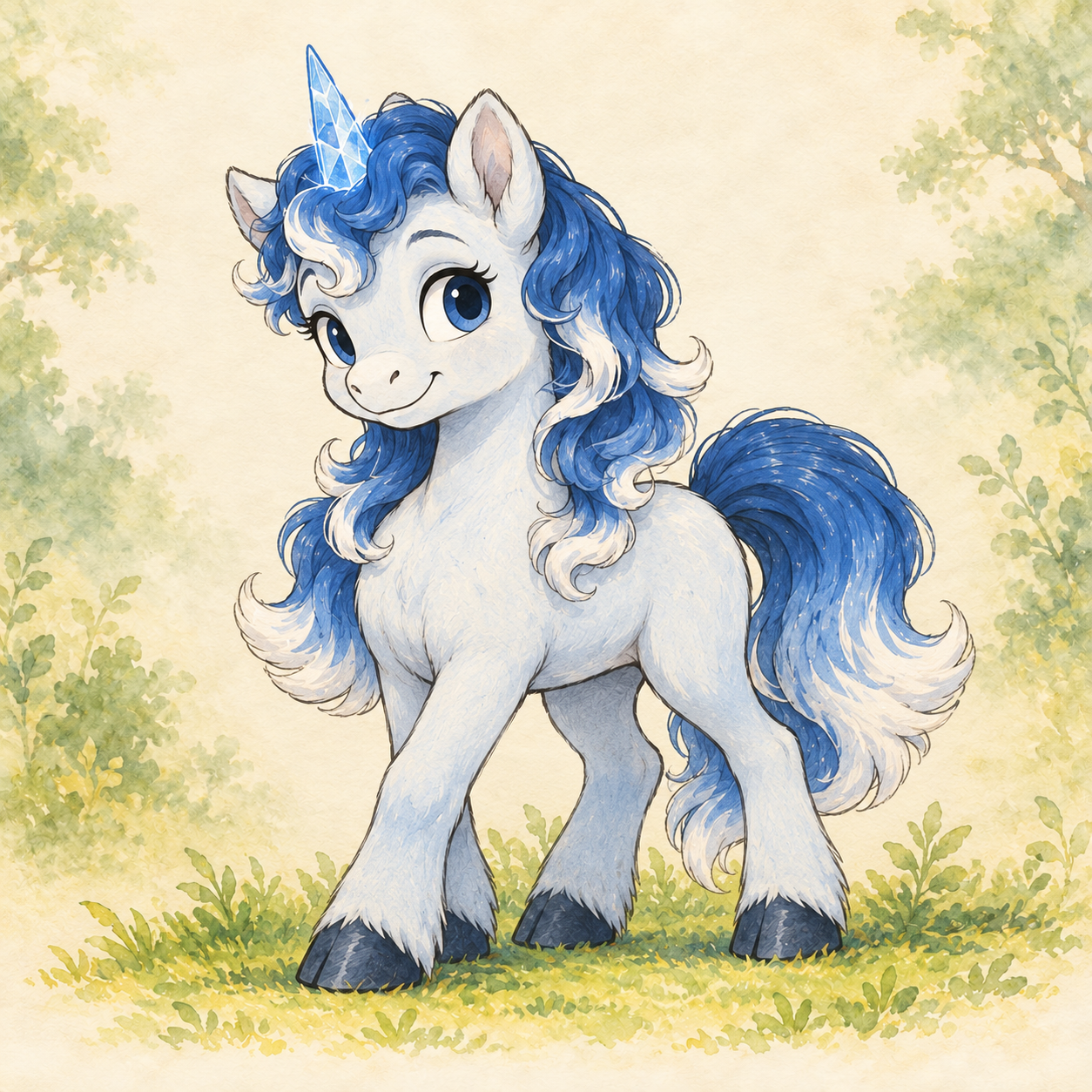 Chilly, a white unicorn with a blue horn and flowing blue-and-white mane and tail, standing in a sunlit woodland.