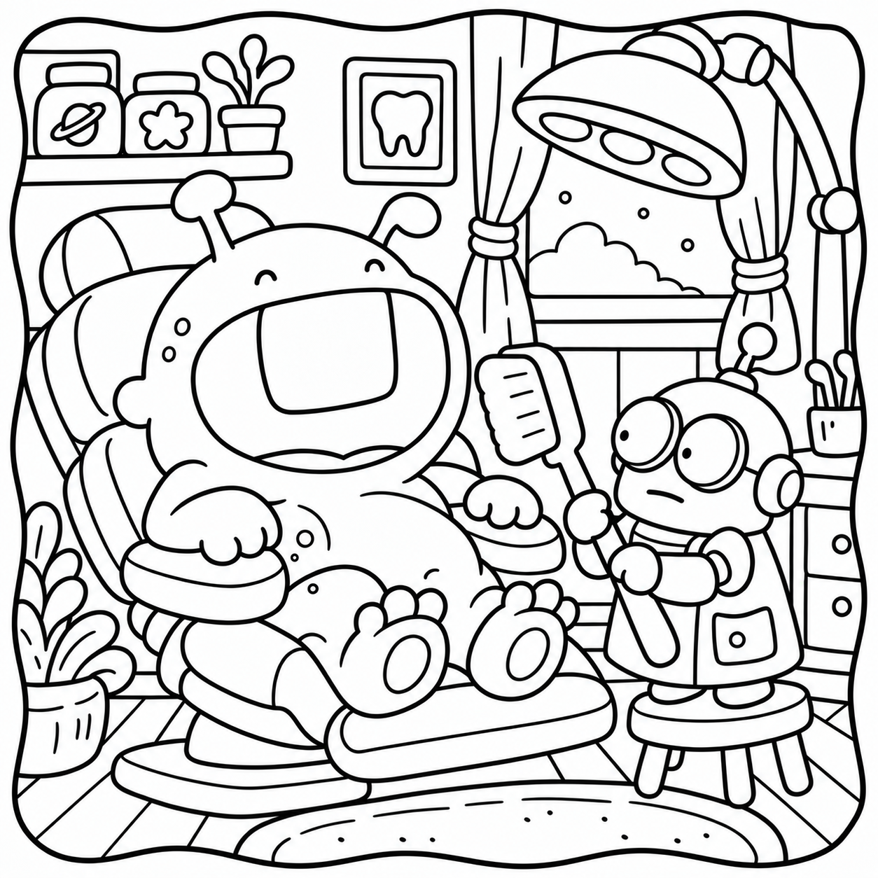 Space Cuties coloring page featuring an alien receiving a dental checkup beneath an examination lamp.