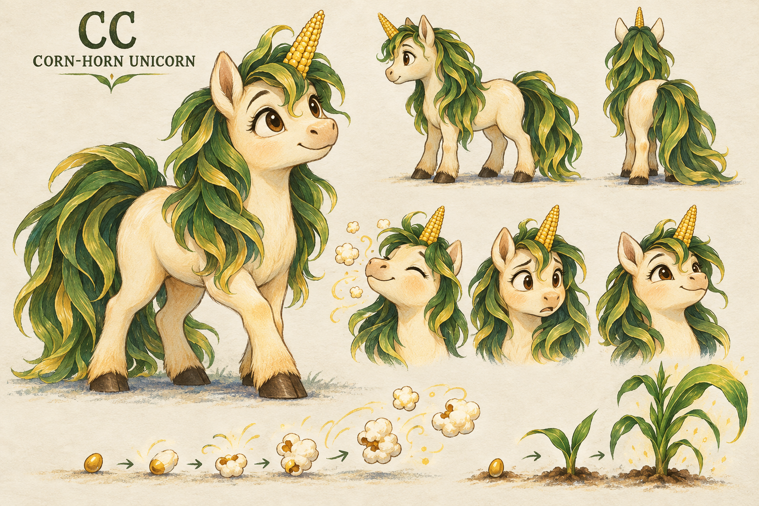 CC character design sheet showing her golden coat, leafy green mane, corn-shaped horn, expressions, and plant magic.