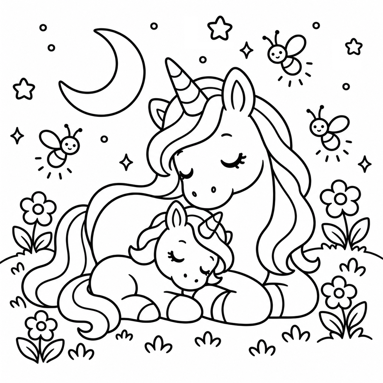 Two unicorns cuddling among flowers beneath a crescent moon, with bees overhead. Magical Forest coloring page.