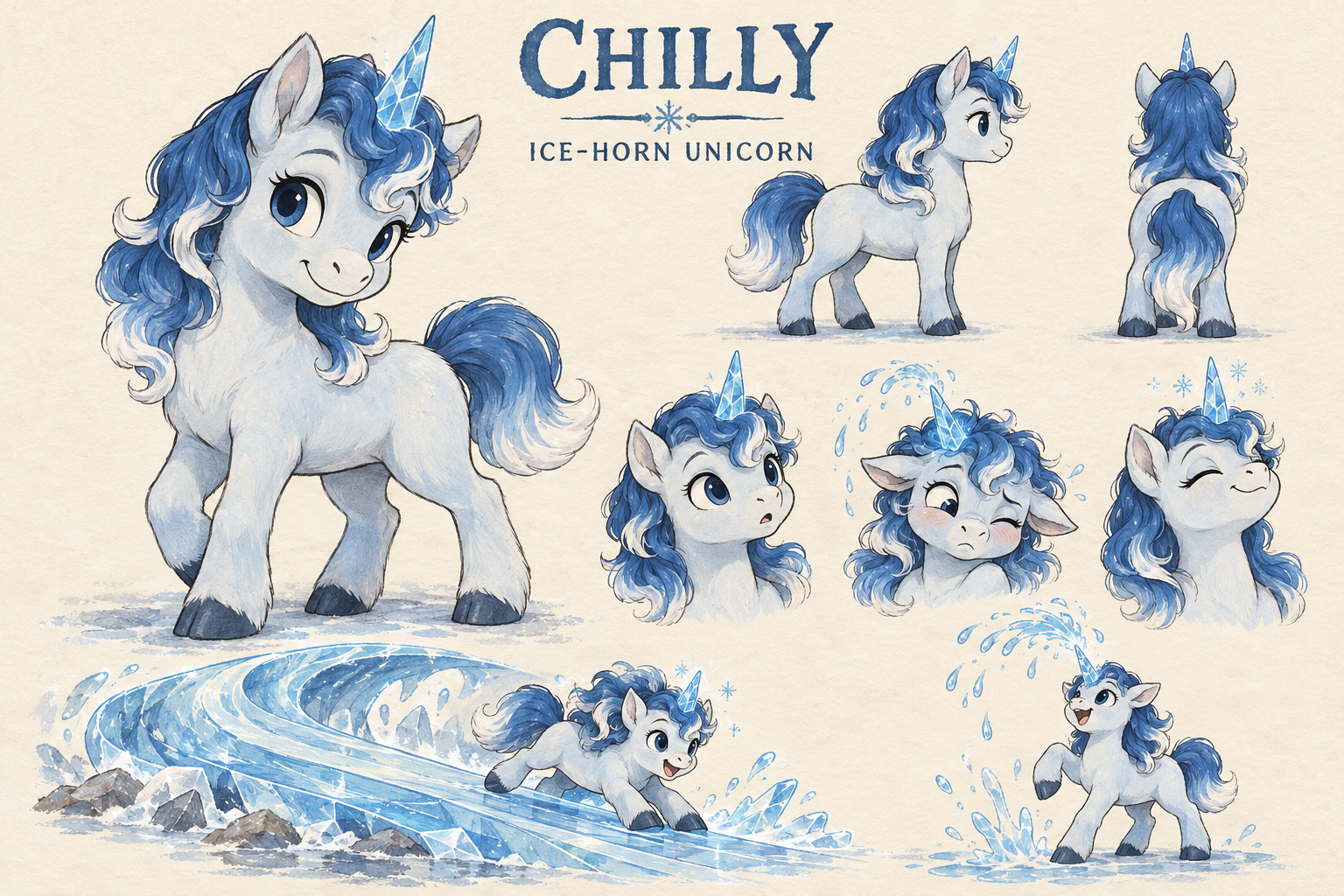 Chilly character design sheet showing a white coat, blue-and-white mane, icy horn, expressions, and winter magic.