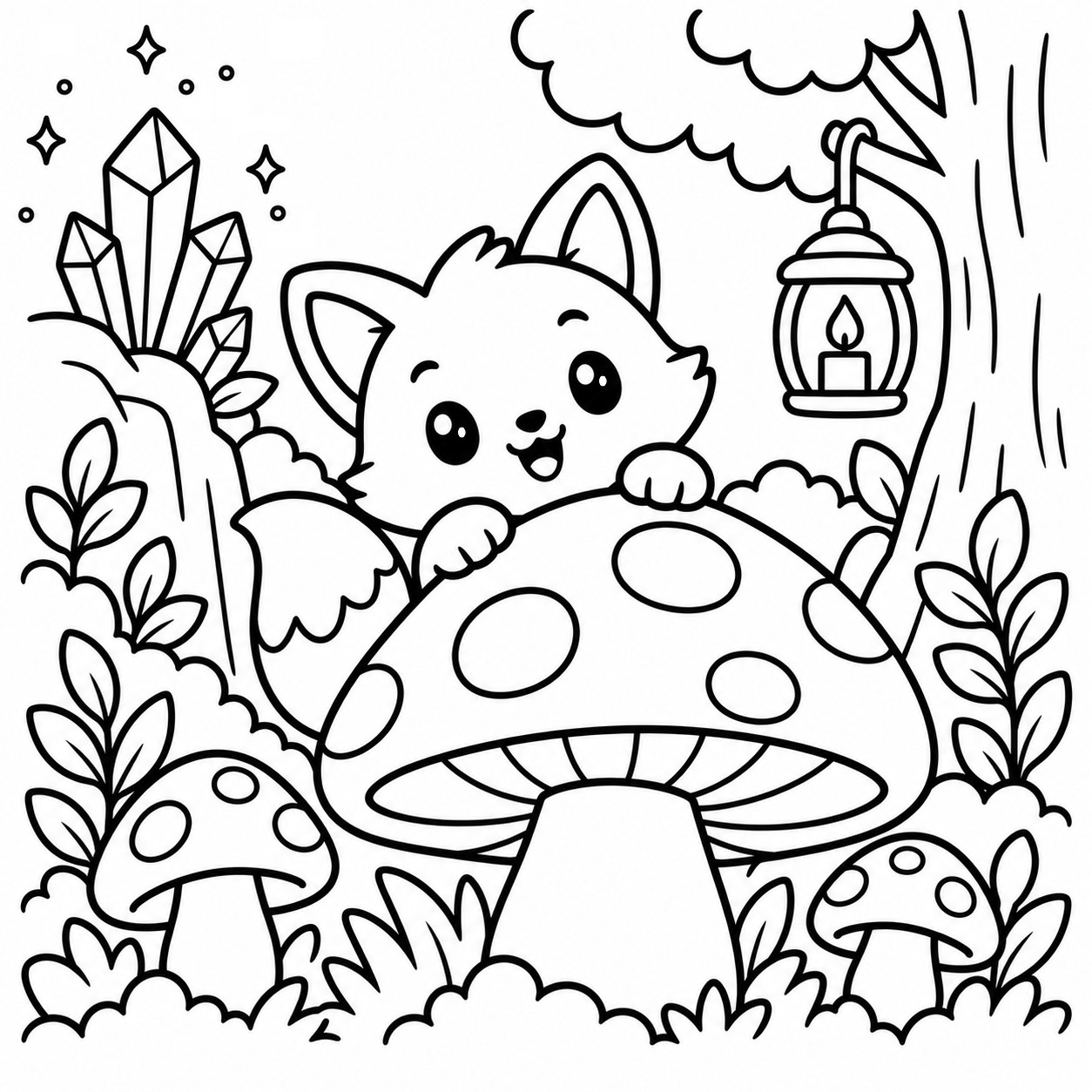 A little fox peeking over a spotted mushroom beside crystals and a hanging woodland lantern. Magical Forest coloring page.