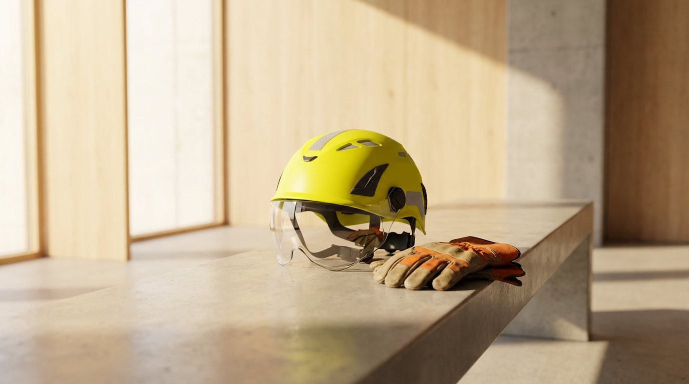 A yellow safety helmet with attached face shield and a pair of work gloves on a light-colored bench in a bright room.