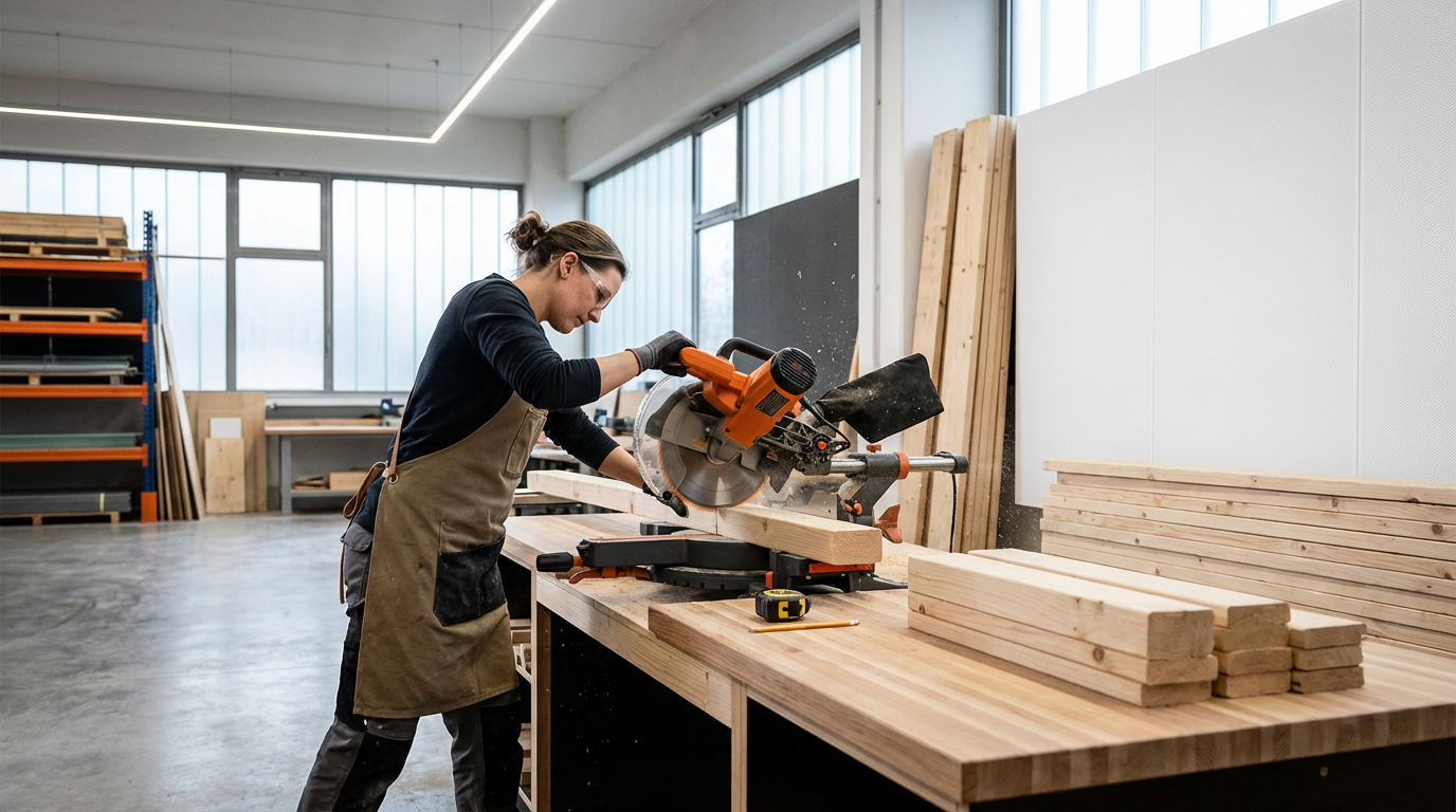 Woman cutting wood with a miter saw in a woodworking shop.