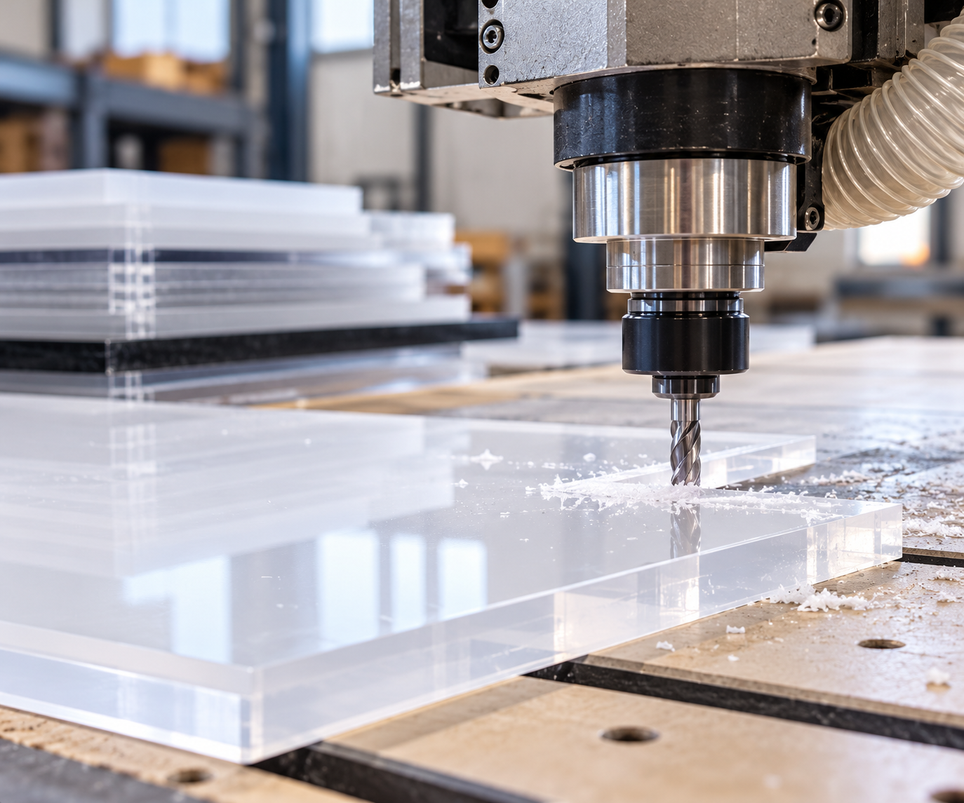 A CNC milling machine carving a pattern into a clear acrylic sheet in a workshop.