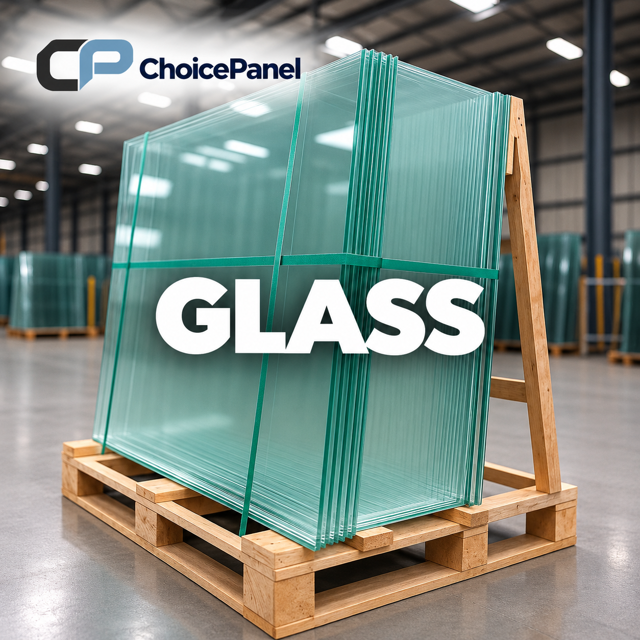 Stacks of glass panels on a wooden pallet in a warehouse with a ChoicePanel logo in the top left corner.