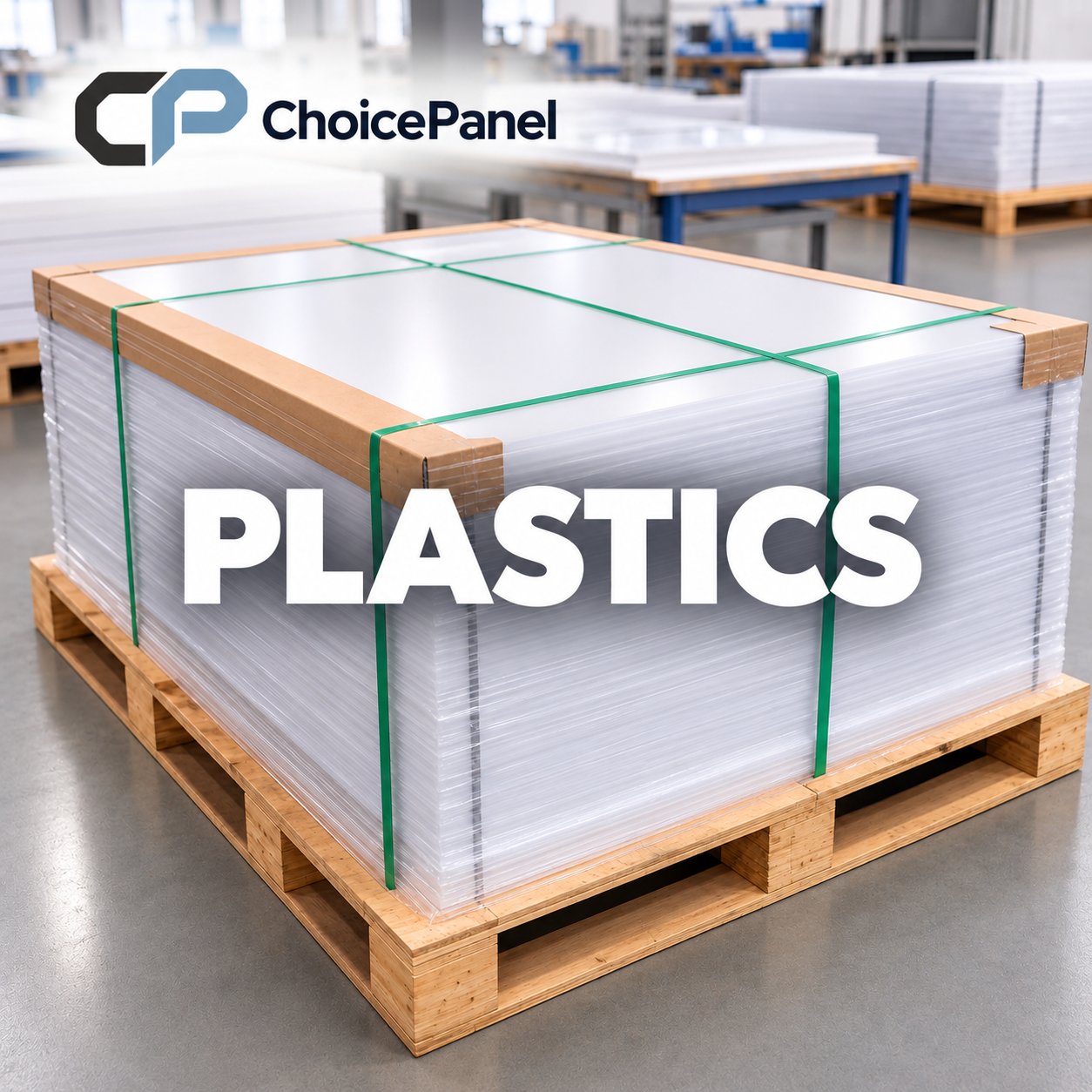 A large pallet stacked with sheets of clear plastic, wrapped with green straps, in a warehouse setting.