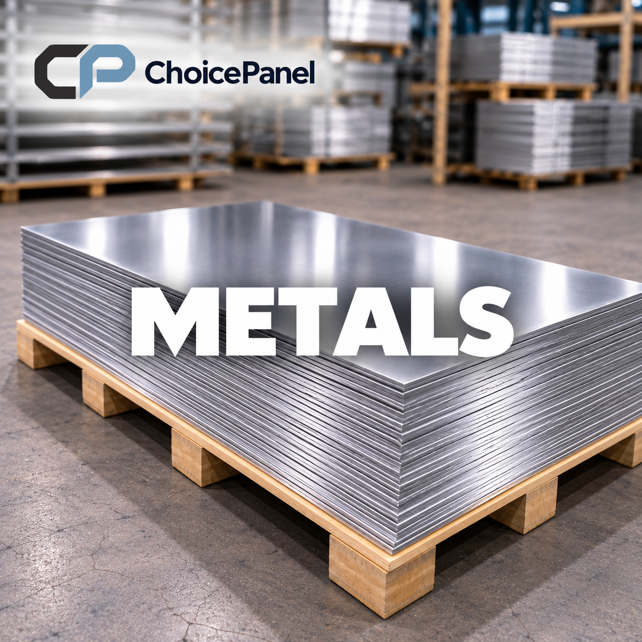 A large stack of shiny metal sheets resting on a wooden pallet in a warehouse with more pallets and metal sheets in the background, and the words "METALS" and the ChoicePanel logo overlaid on the image.