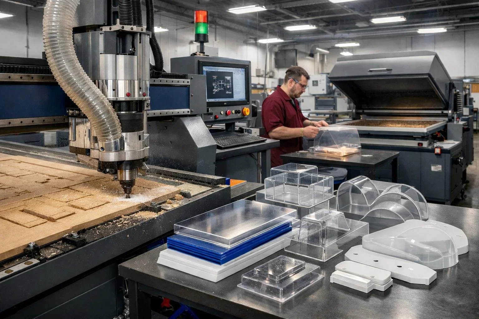 A man working in a factory with CNC machine, with various plastic and metal parts on the table in front of him.