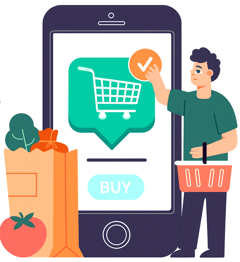 An illustration of a person using a smartphone for online shopping, with a shopping cart icon and a buy button on the screen, surrounded by grocery items like a bag of vegetables and a tomato.
