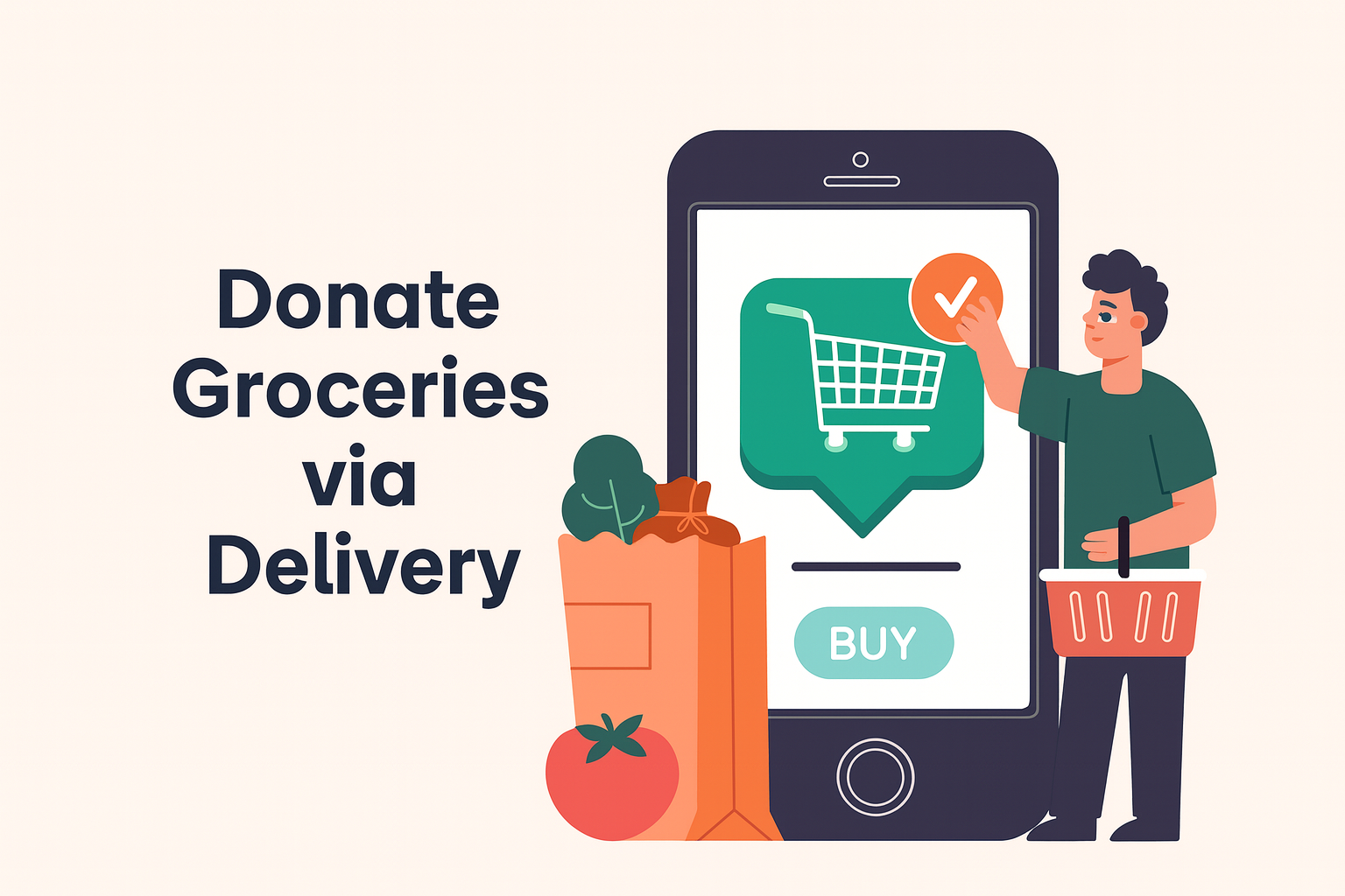 Illustration of a mobile phone with a shopping cart icon, a person holding a grocery basket, and groceries like a tomato and leafy greens, promoting grocery delivery.
