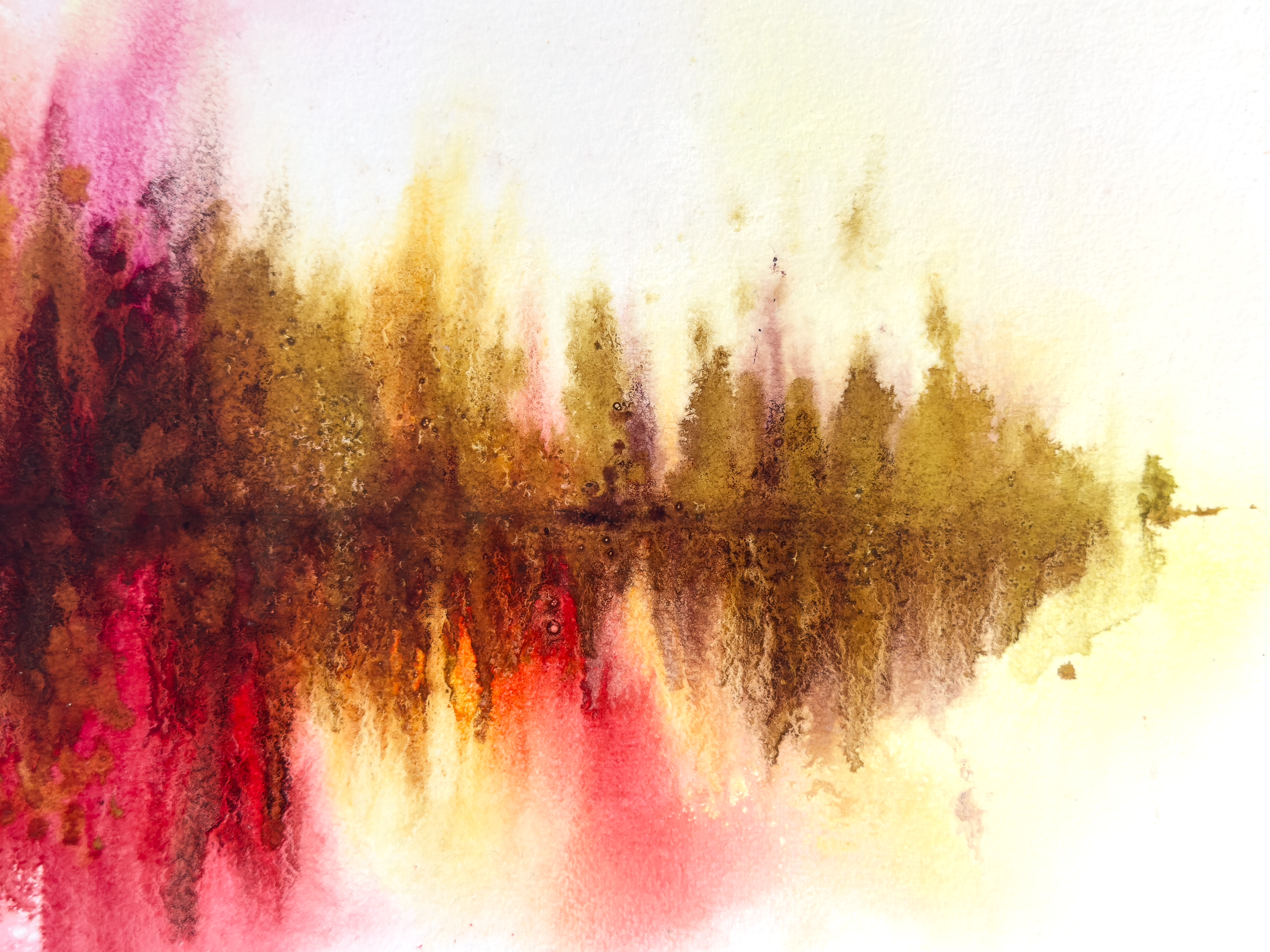 Abstract watercolor painting with textured washes of magenta, crimson, ochre, brown, and pale yellow