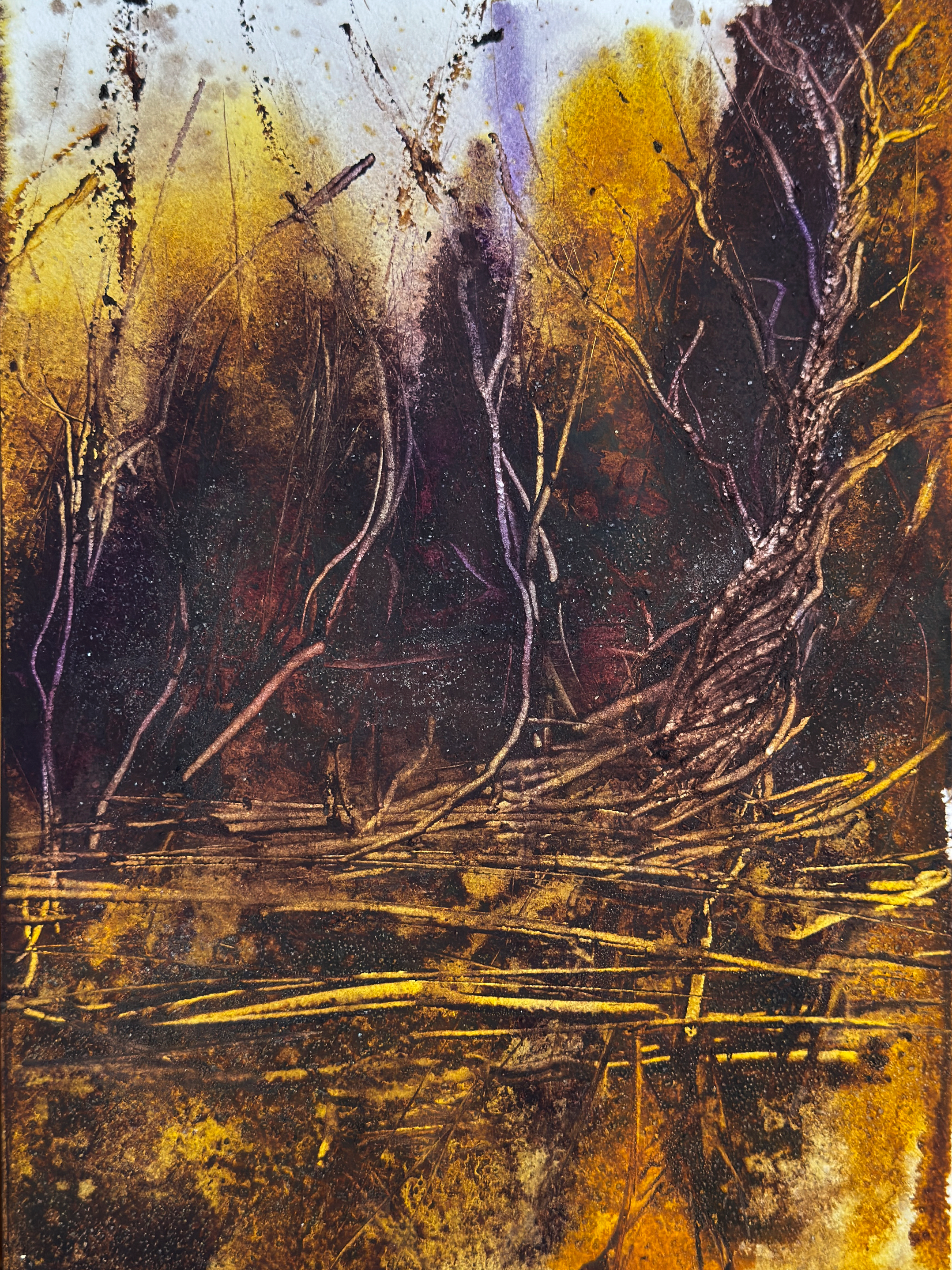 Abstract mixed-media artwork with tangled tree roots and branches in black, gold, purple, and brown tones.