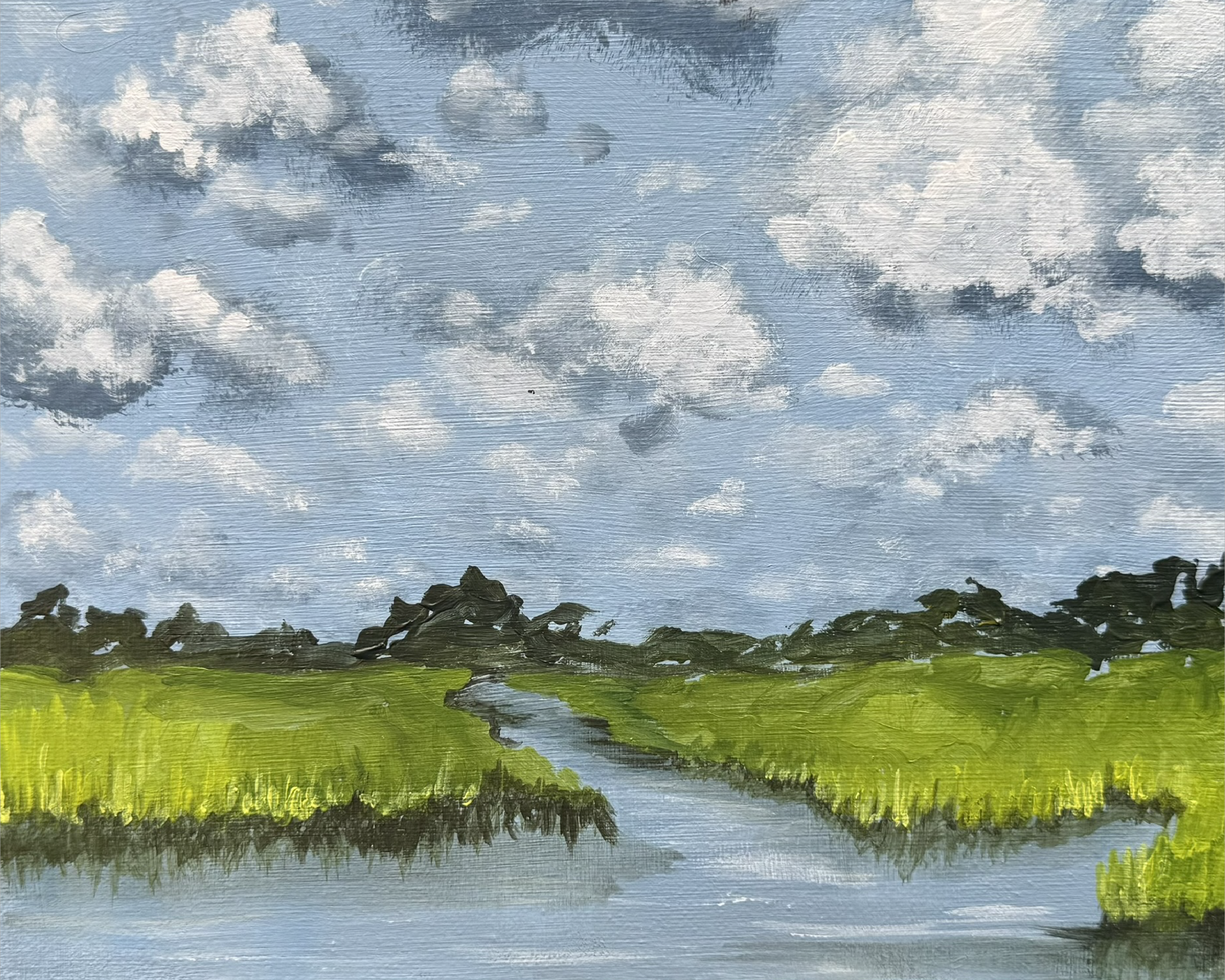 Impressionist landscape painting of a winding river through green marshland beneath a cloudy blue sky