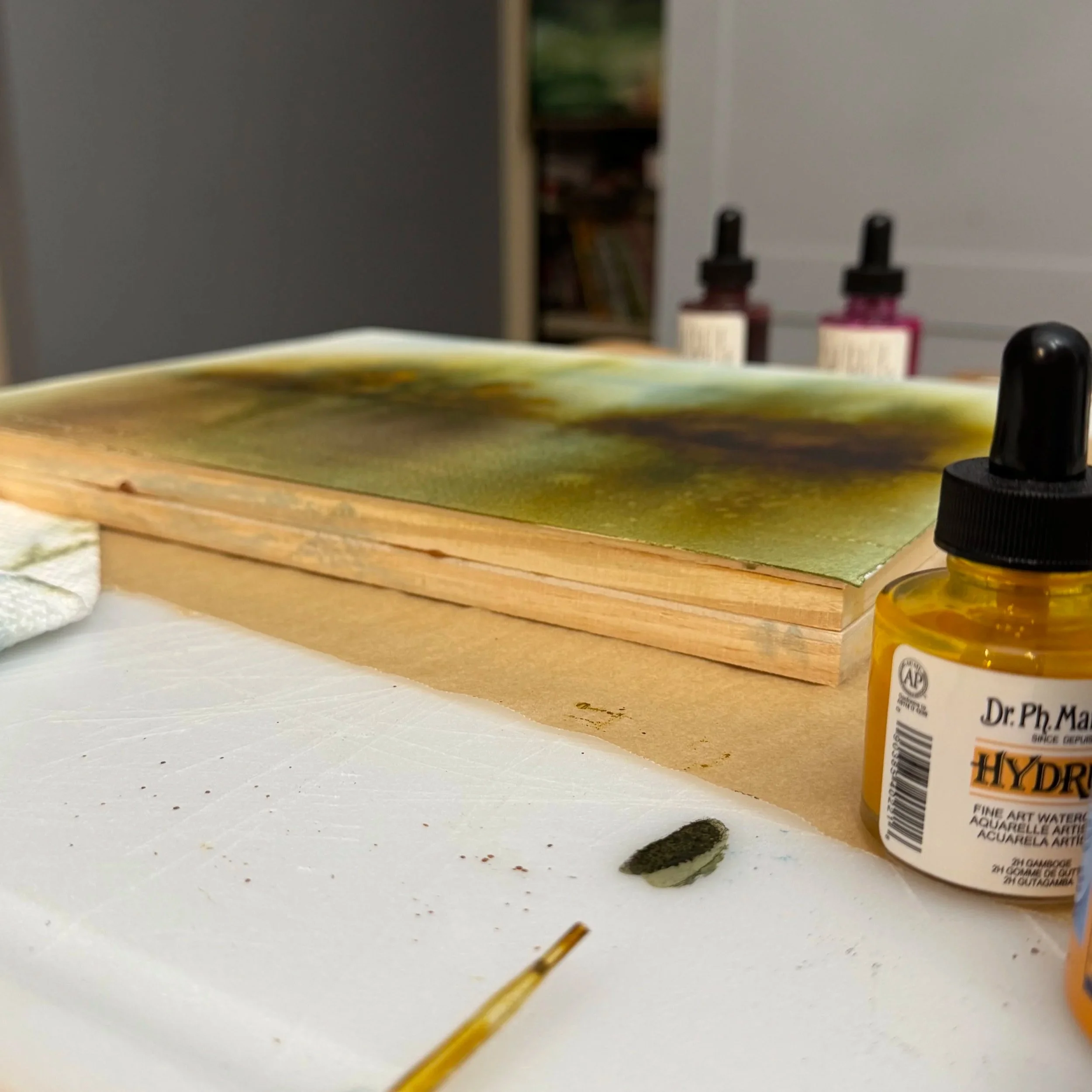 Art supplies on a worktable, including a green-painted canvas, paintbrushes, ink bottles, and Dr. Ph. Martin’s Hydrus watercolor ink.