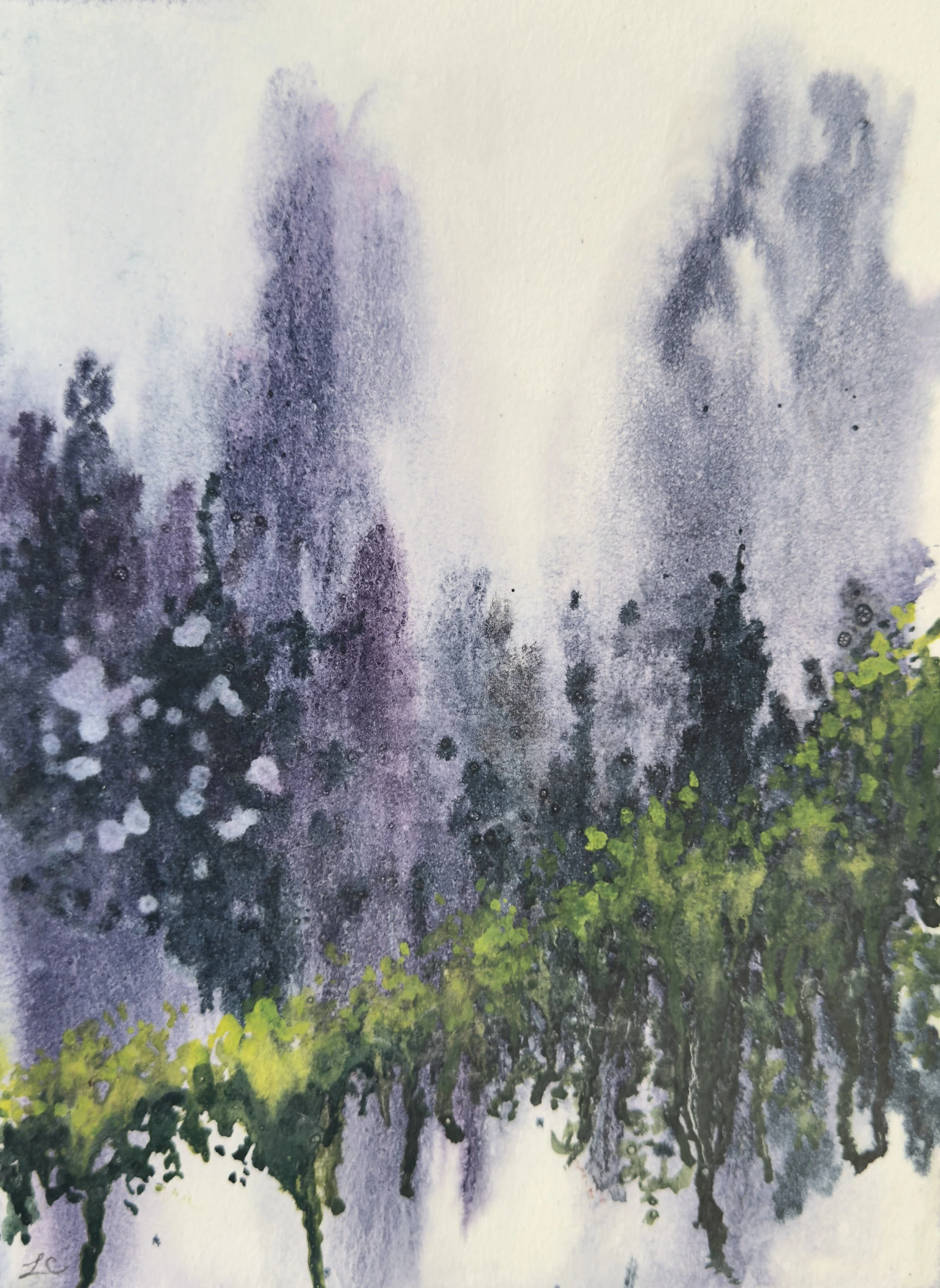 Abstract watercolor painting with lavender, dark blue, green, and white textured washes