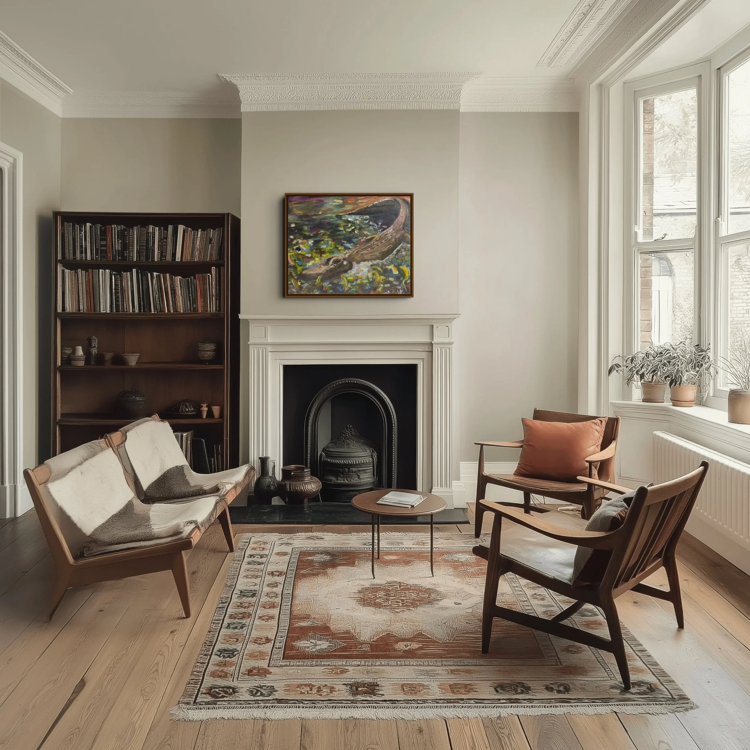 Elegant living room with ornate fireplace, bookshelf, framed artwork, armchairs, coffee table, patterned rug, and large windows.