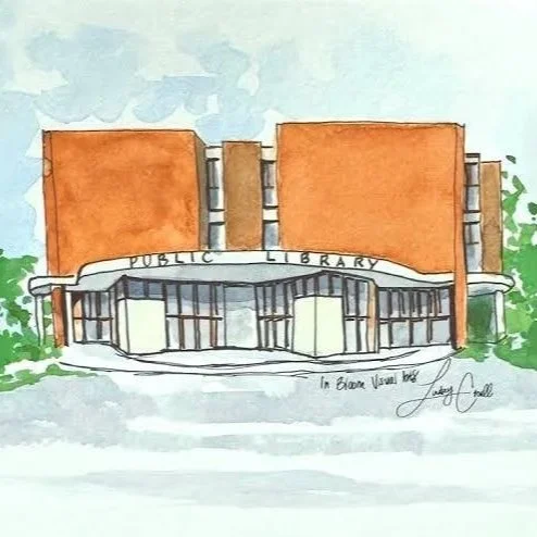 Watercolor illustration of a modern public library building with orange brick walls, curved glass entrance, and surrounding greenery.