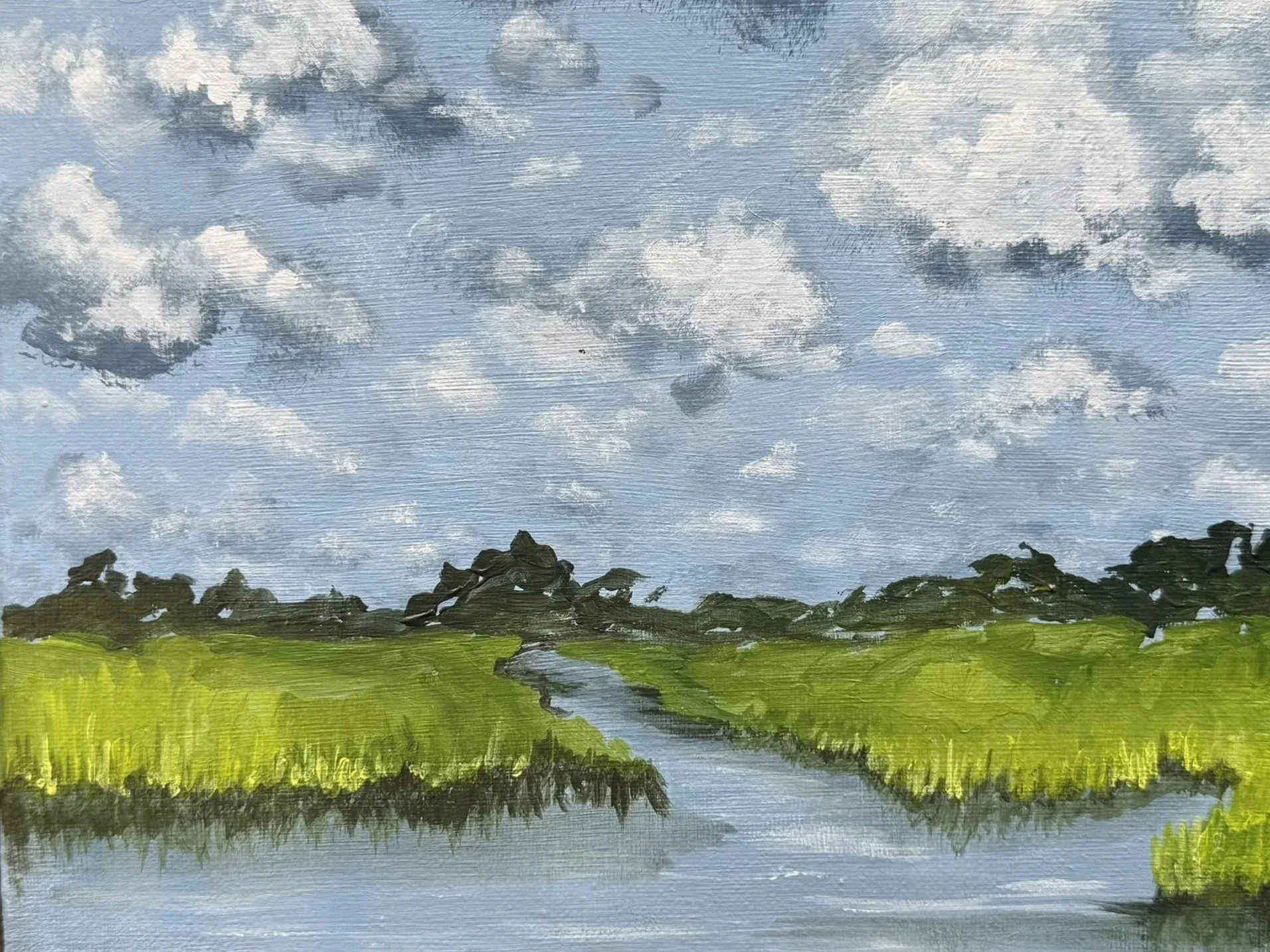 Hand-painted landscape of a winding river through green marshland beneath a cloudy blue sky