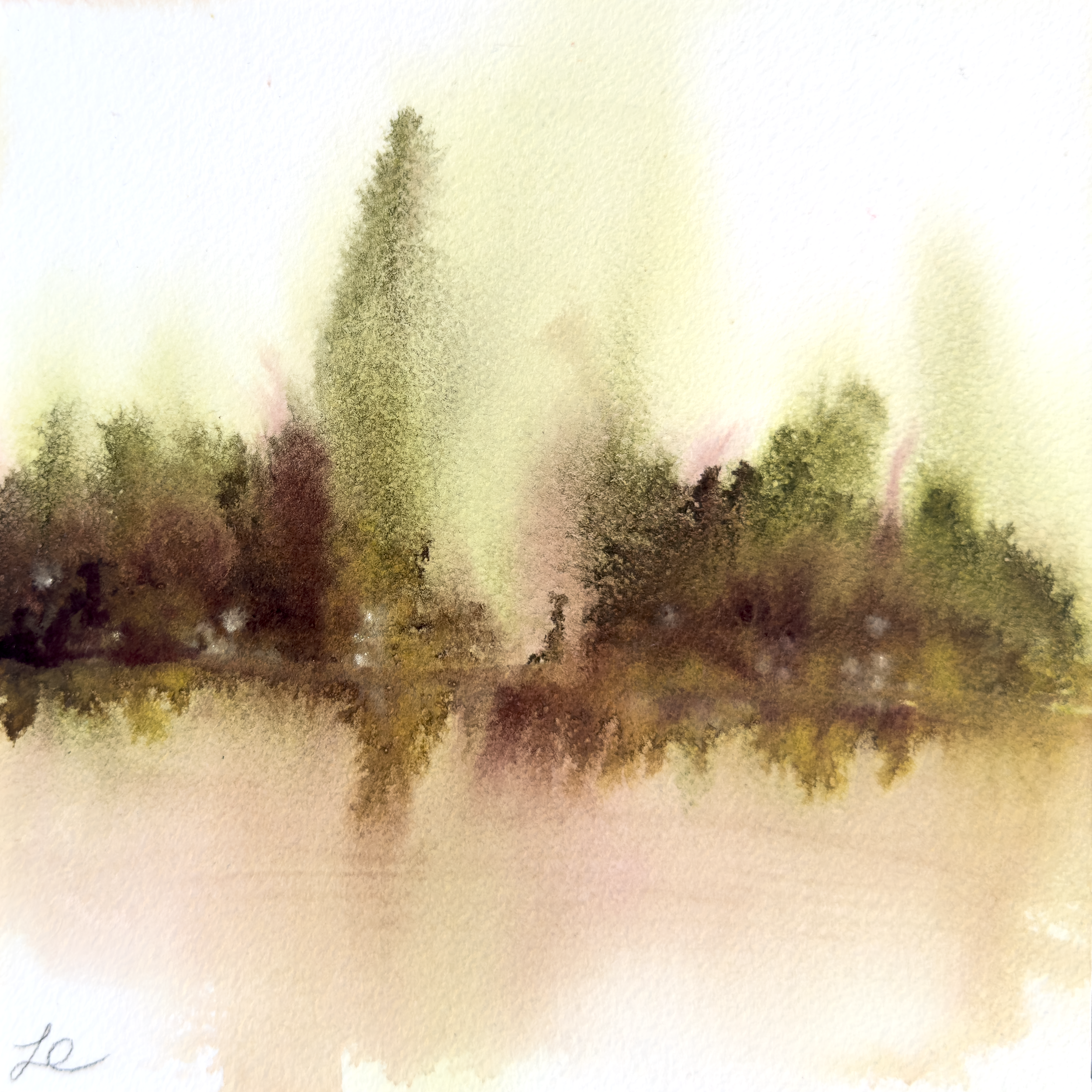 Abstract watercolor landscape of a misty forest, dense foliage, and a hazy pastel sky.