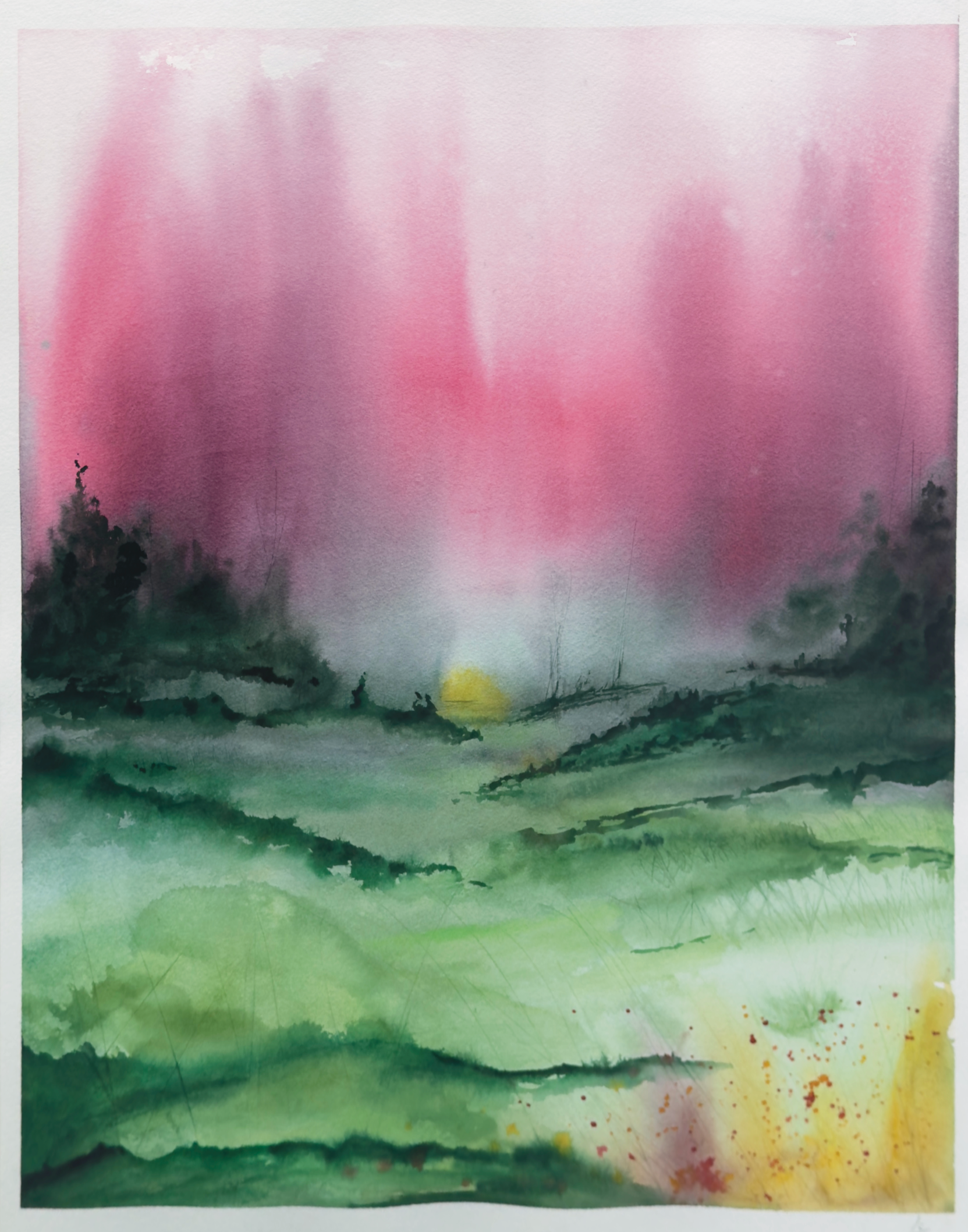 Watercolor landscape of a pink sunset over green fields, trees, and a glowing yellow sun