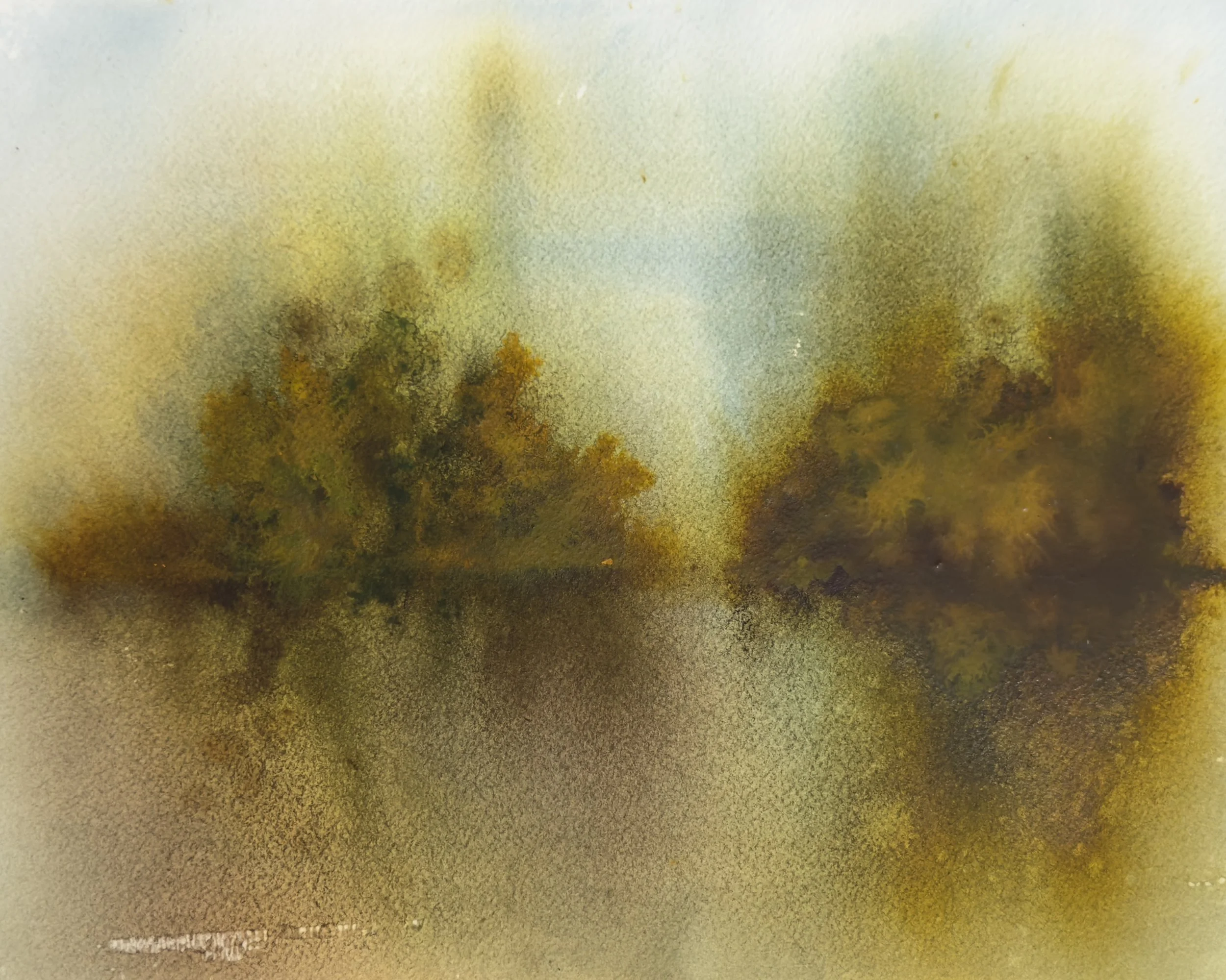 Abstract watercolor landscape with hazy green and ochre trees beneath a pale sky