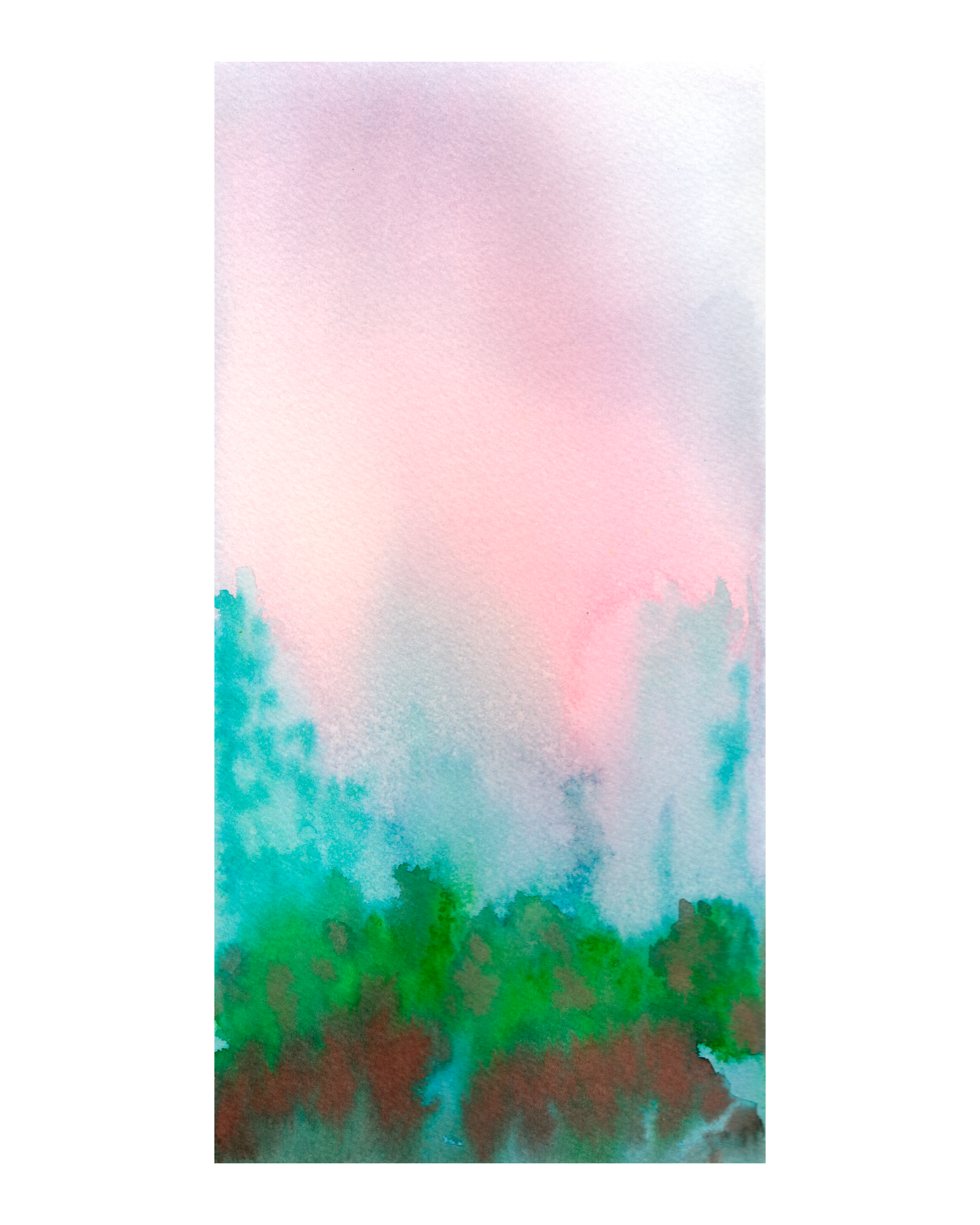 Abstract watercolor landscape with a pink and lavender sky above a turquoise and green forest