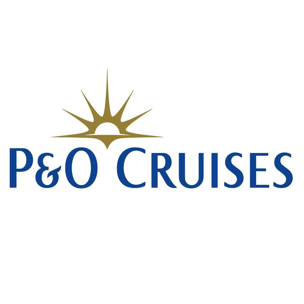 Logo for P&O Cruises featuring a stylized sunburst and blue text on a white background.